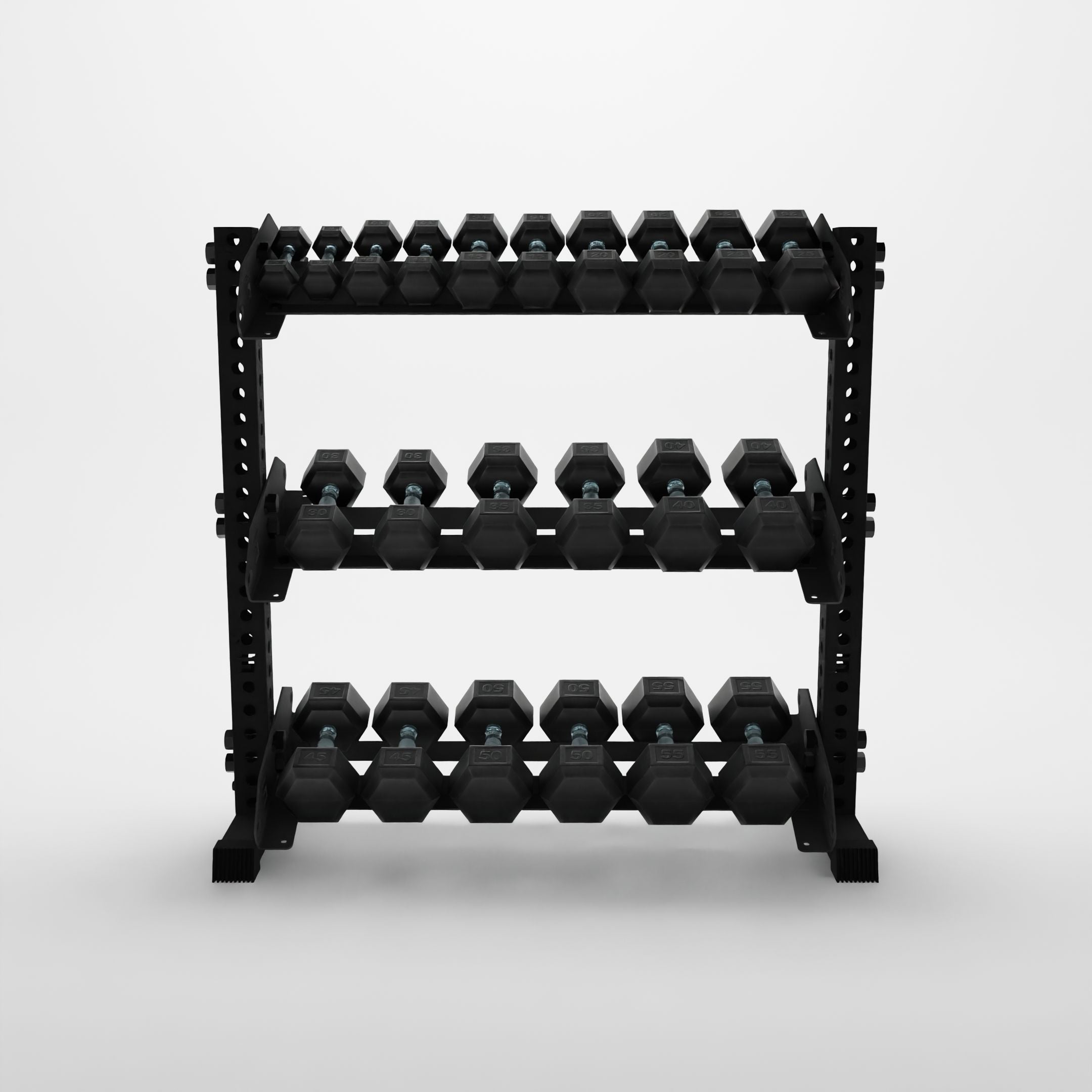 black 43-inch alpha 3-tier horizontal dumbbell rack storing hex dumbbells