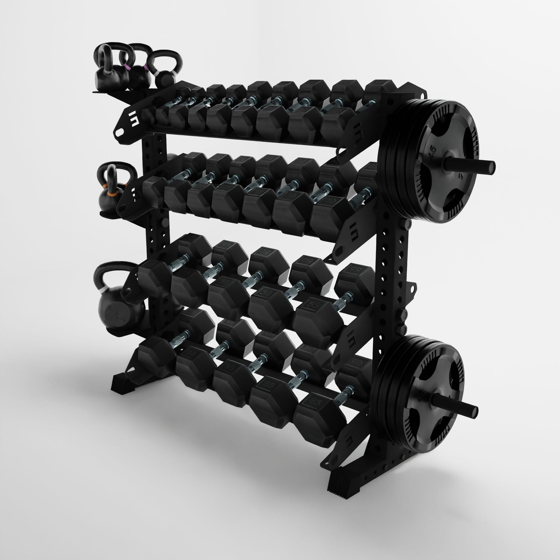 black 43-inch alpha 4-tier horizontal dumbbell rack storing dumbbells, weight plates, and kettlebells using storage attachment accessories