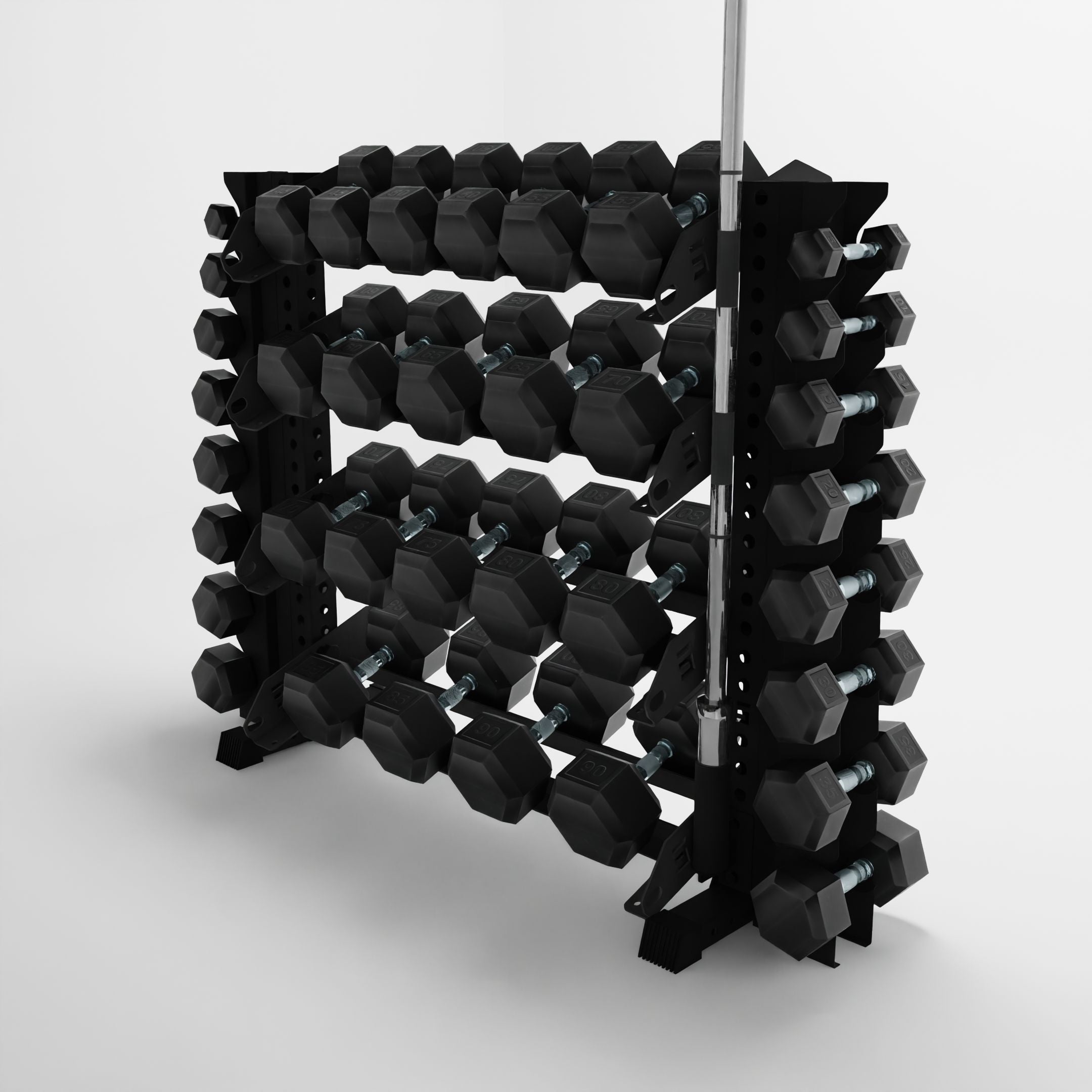 black 43-inch alpha 4-tier horizontal dumbbell rack with vertical add-ons storing hex dumbbells and a barbell using a storage attachment accessory
