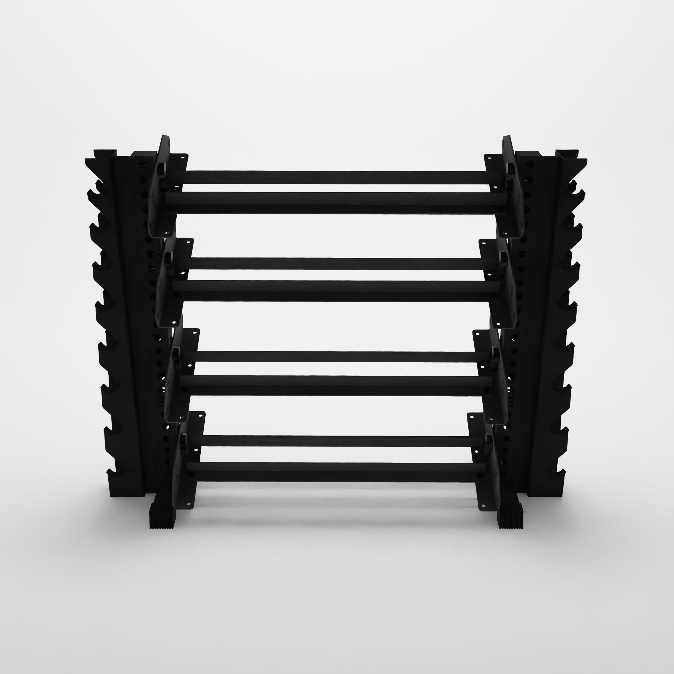 black 43-inch alpha 4-tier horizontal dumbbell rack with vertical add-ons