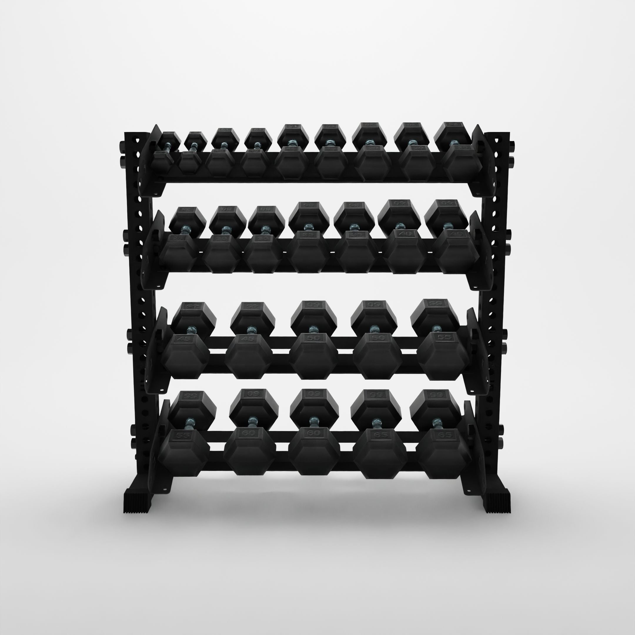 black 43-inch alpha 4-tier horizontal dumbbell rack storing hex dumbbells