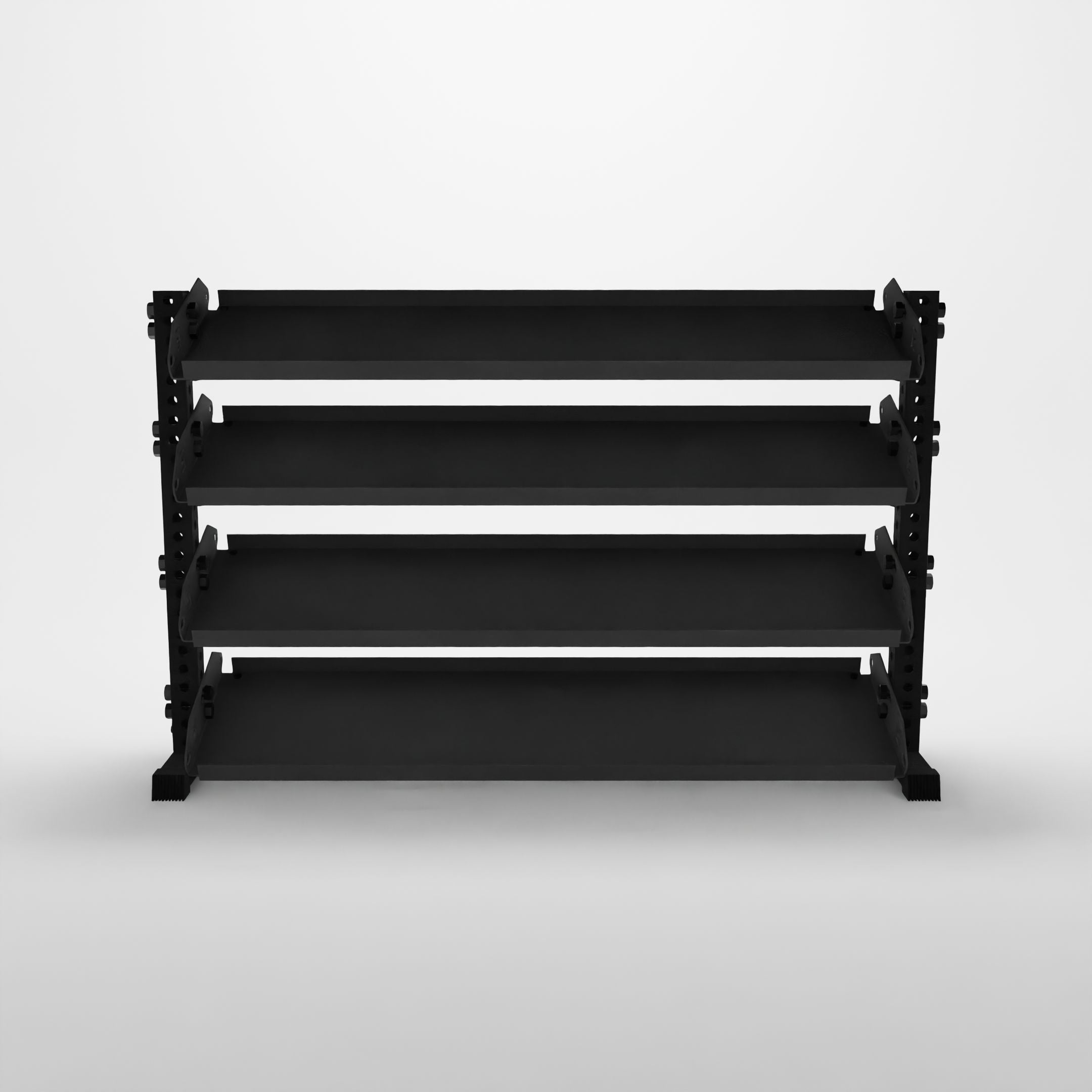 black 70-inch alpha 4-tier horizontal dumbbell rack with flat shelves