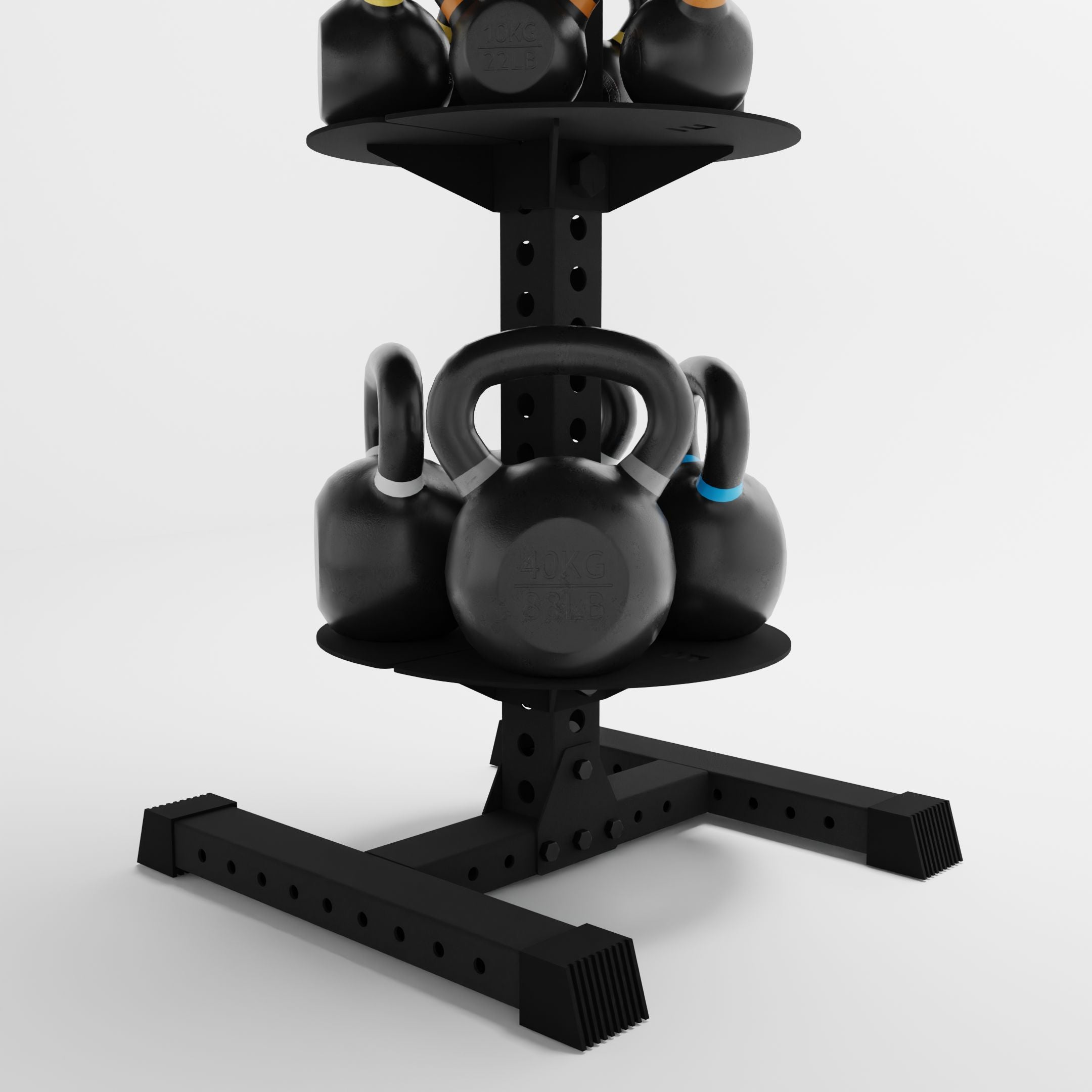 black alpha 3-tier vertical kettlebell rack base holding kettlebells