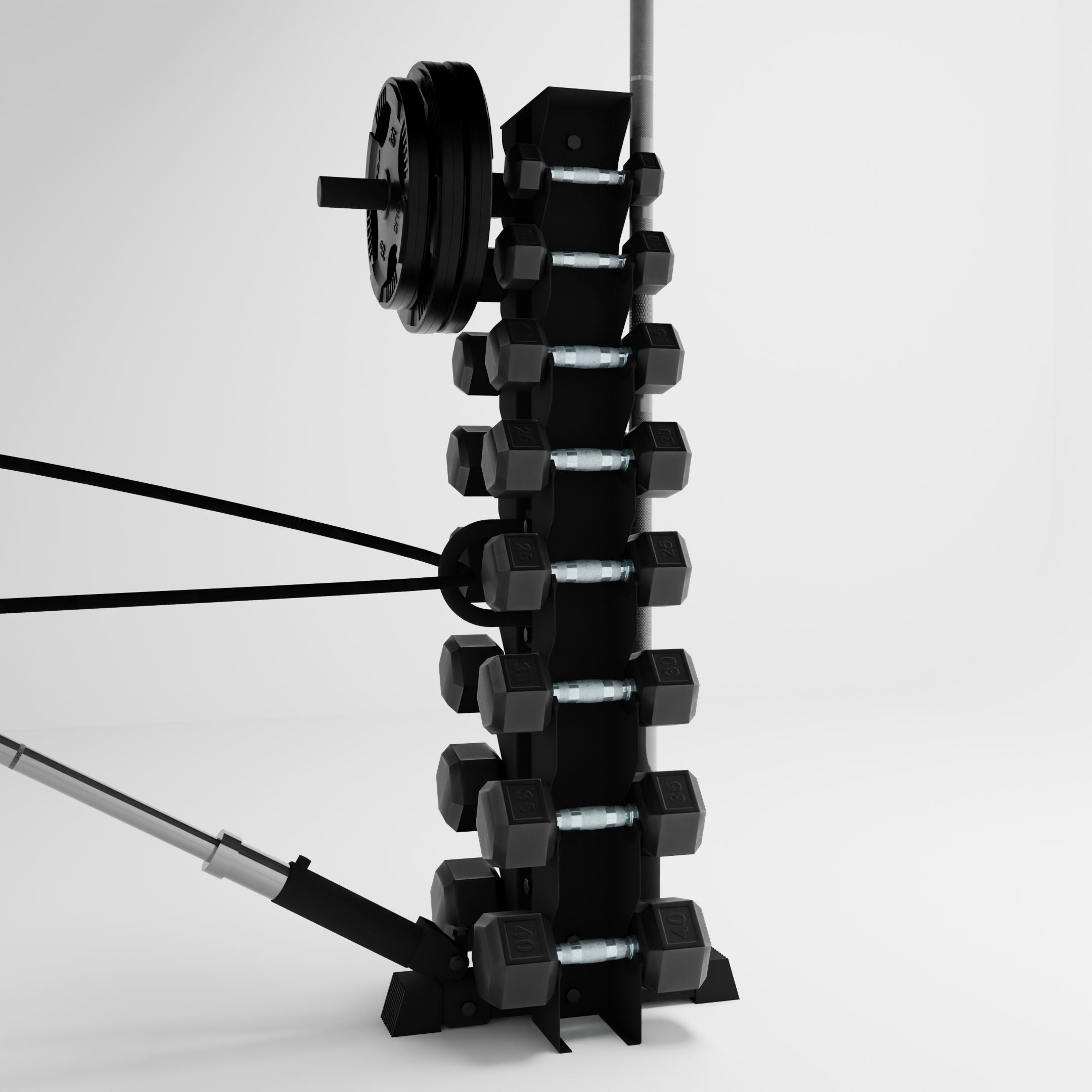 black alpha 8-tier vertical dumbbell storage rack storing dumbbells, weight plates, barbells, and a resistance band using storage attachment accessories