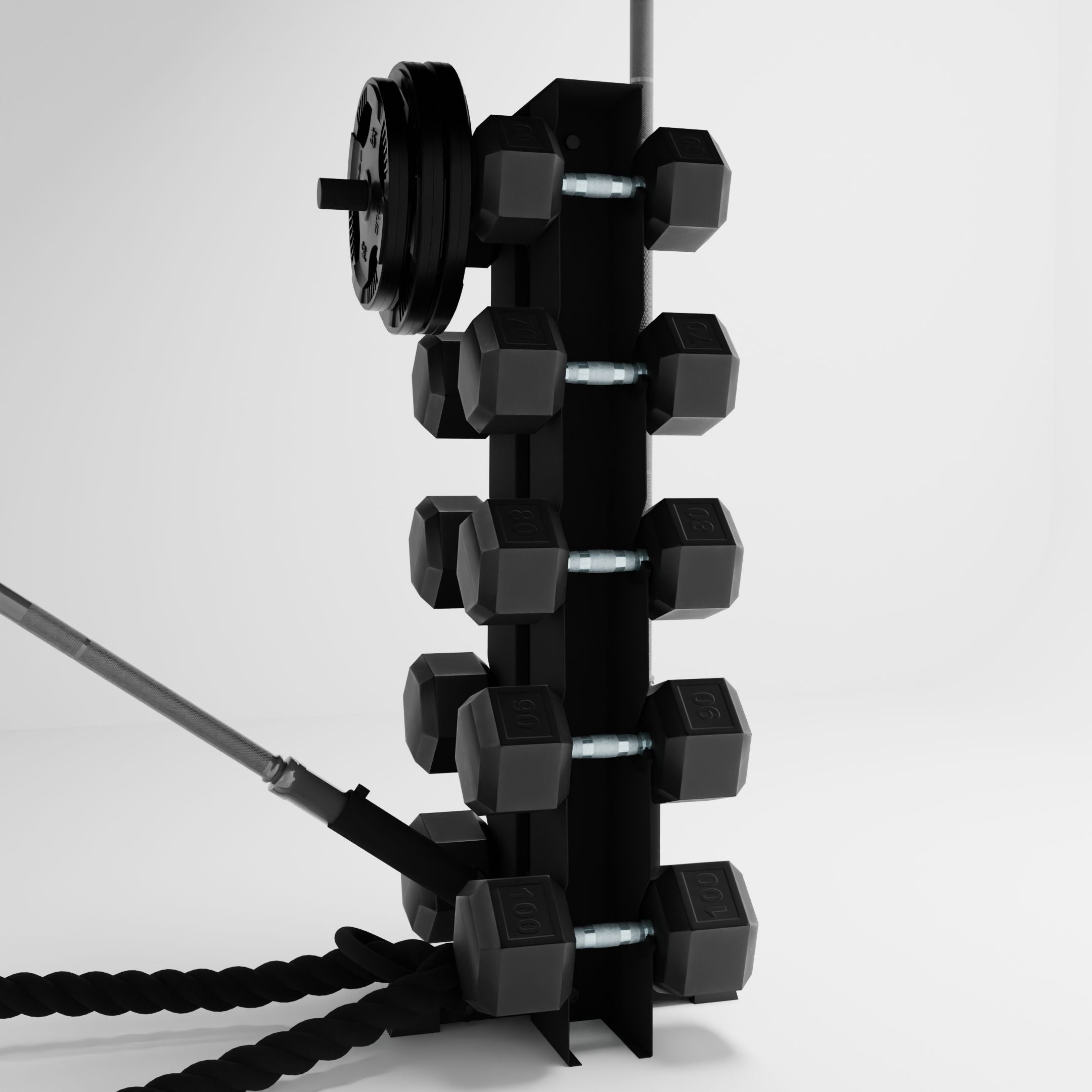 black alpha elite vertical dumbbell storage rack with accessories holding dumbbells, weight plates, barbells, and a battle rope