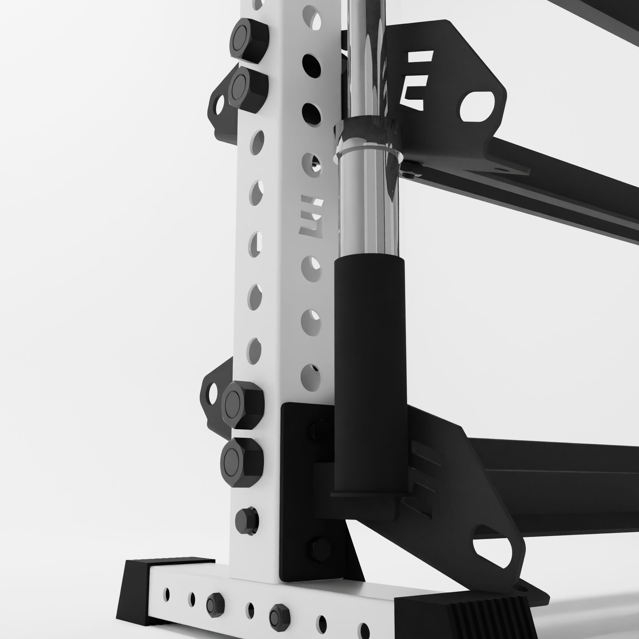 black barbell holder attachment for a 3x3 upright attached to a horizontal dumbbell rack