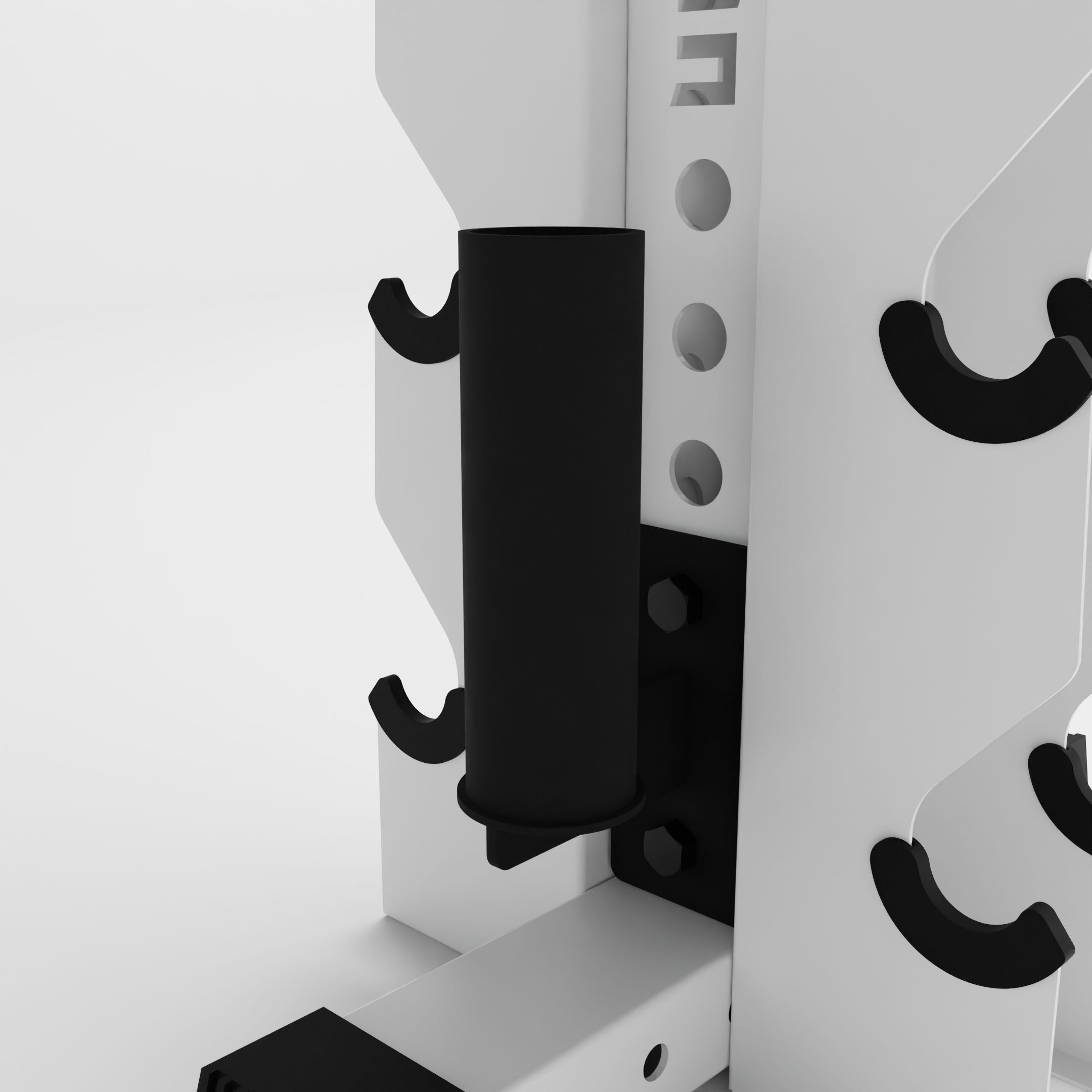 black barbell holder attachment for a 3x3 upright attached to a vertical dumbbell rack