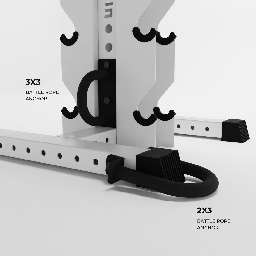 black battle rope anchors attached to a rack base