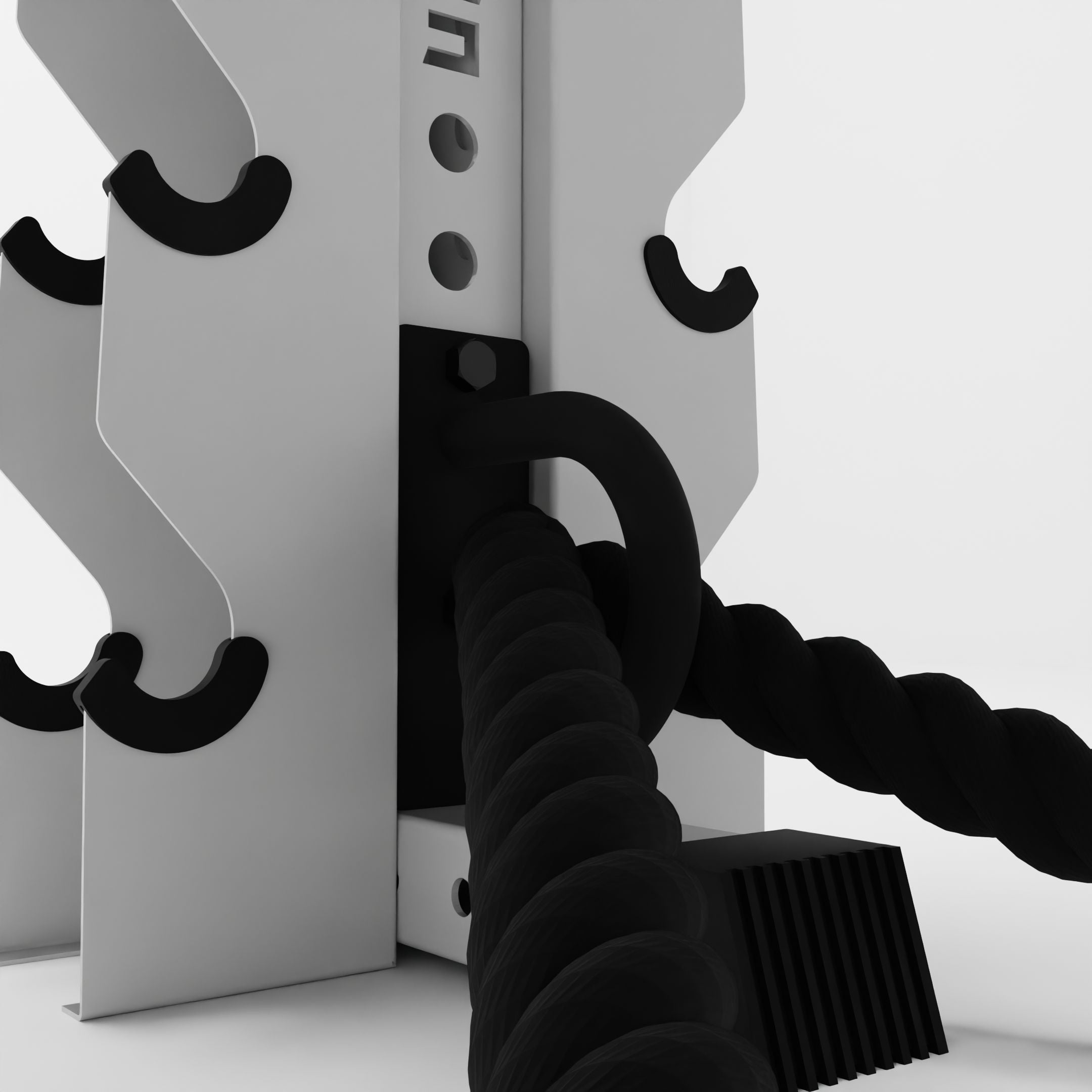 black battle rope anchor for a 3x3 upright holding a battle rope