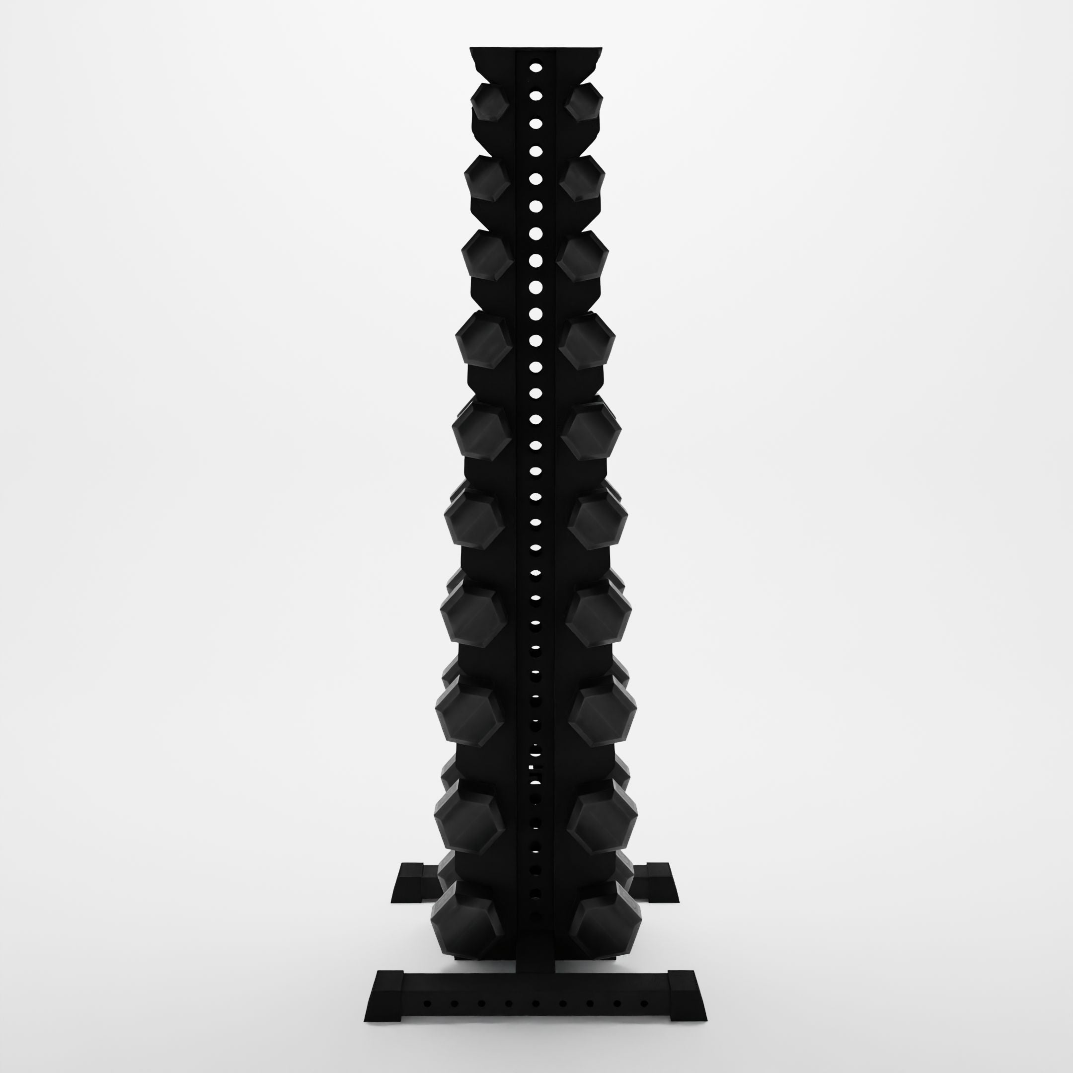 black delta 10-tier vertical dumbbell storage rack storing hex dumbbells