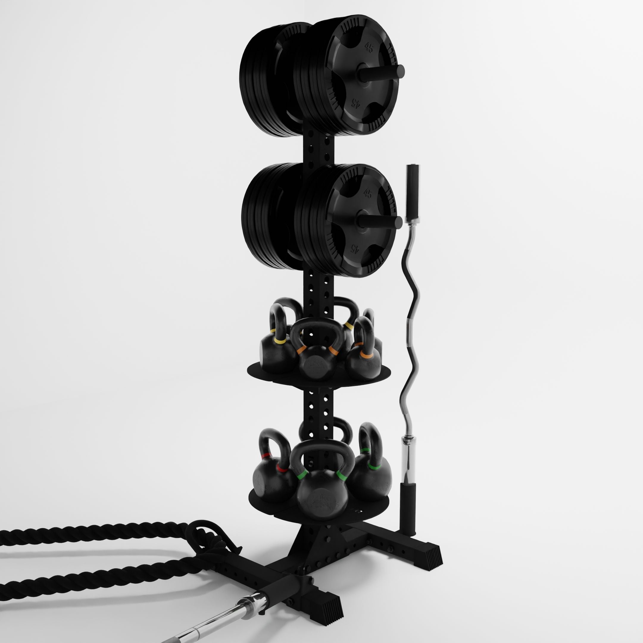 black delta pk vertical hybrid weight plate and kettlebell storage rack storing weight plates, kettlebells, barbells, and a battle rope using storage attachment accessories