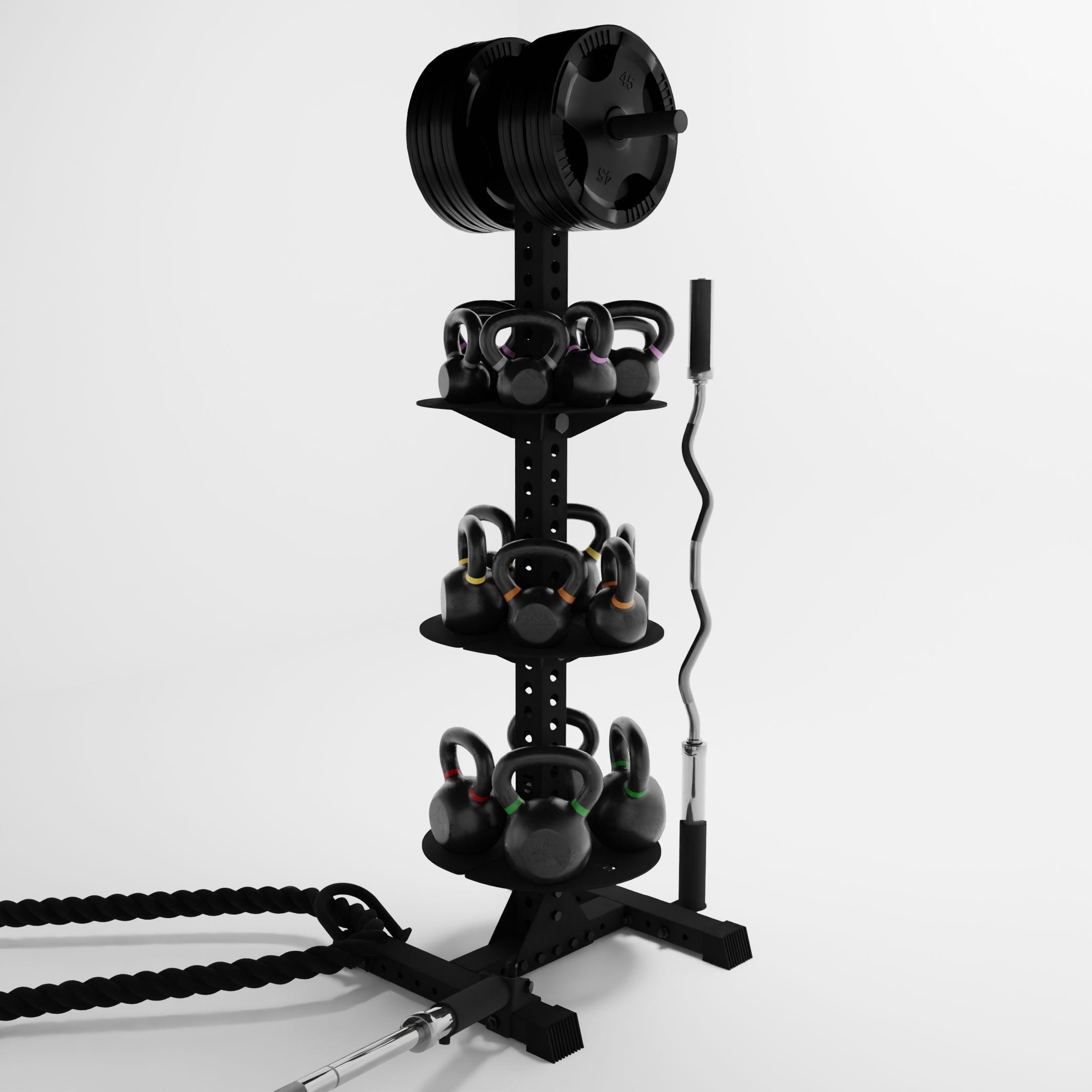 black delta pk vertical hybrid weight plate and kettlebell storage rack storing weight plates, kettlebells, barbells, and a barbell using storage attachment accessories
