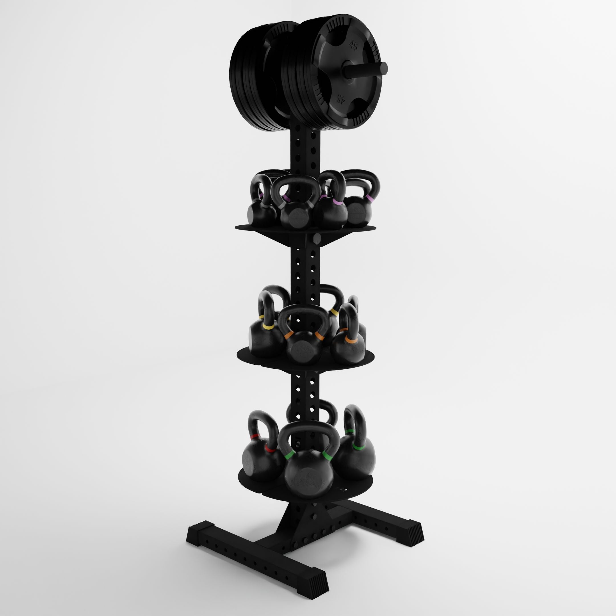 black delta pk vertical hybrid weight plate and kettlebell storage rack storing weight plates and kettlebells side view