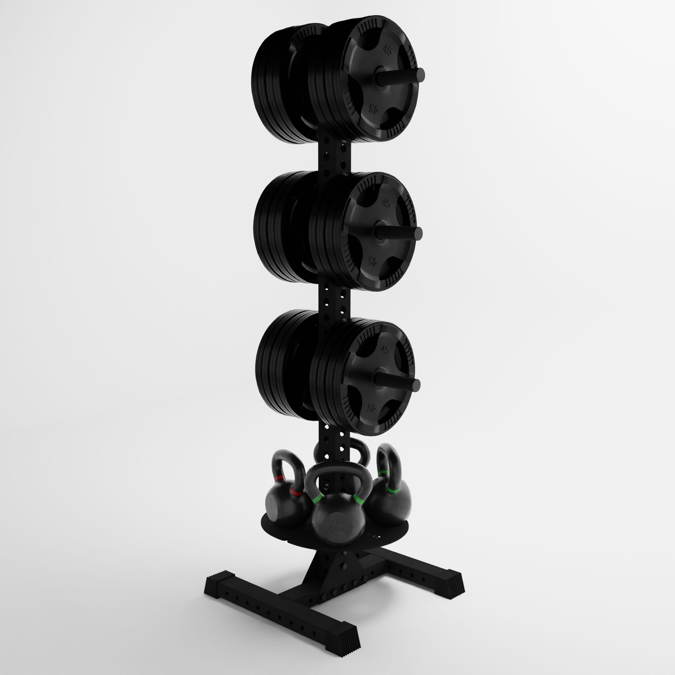 black delta pk vertical hybrid weight plate and kettlebell storage rack storing weight plates and kettlebells side view