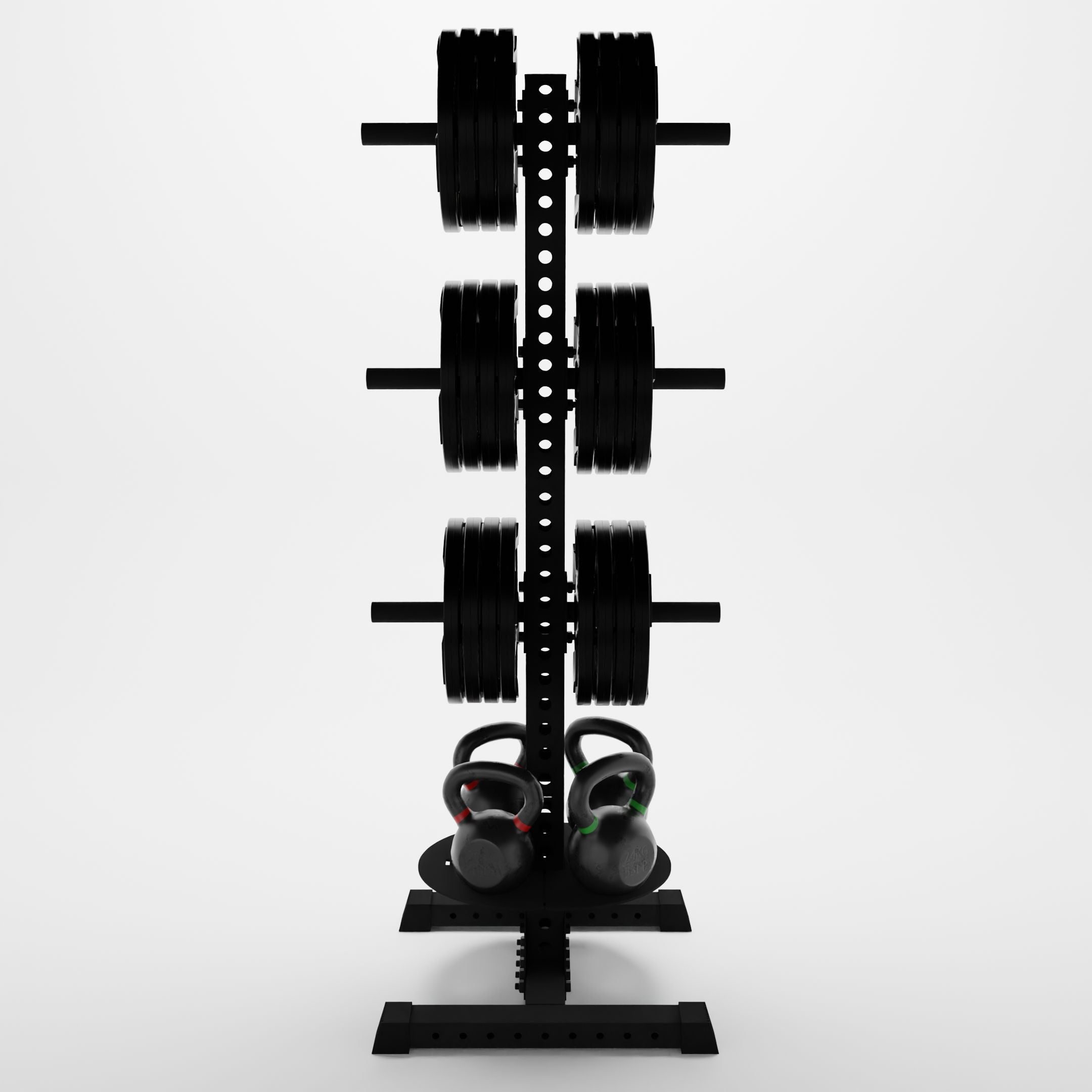 black delta pk vertical hybrid weight plate and kettlebell storage rack storing weight plates and kettlebells