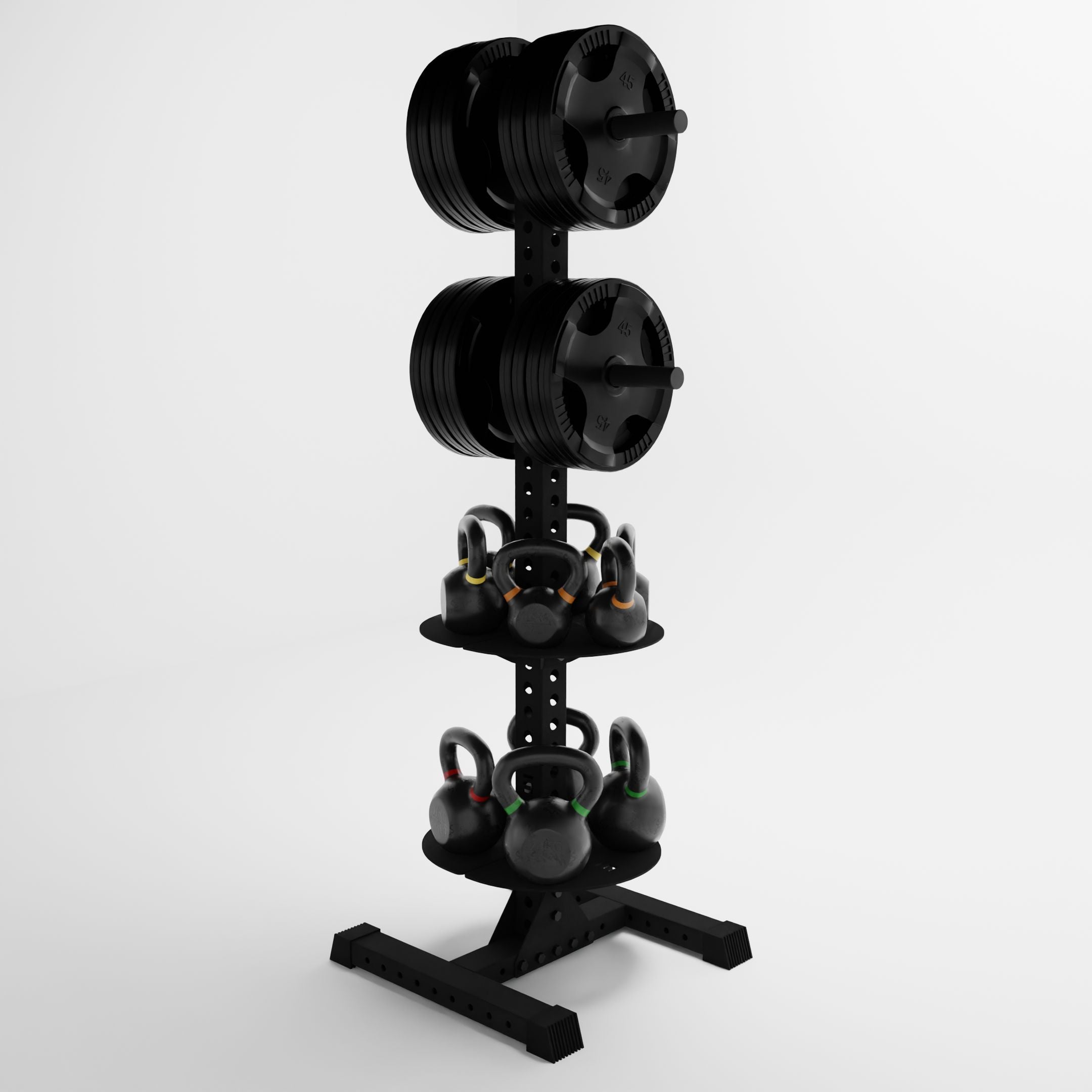 black delta pk vertical hybrid weight plate and kettlebell storage rack storing weight plates and kettlebells side view