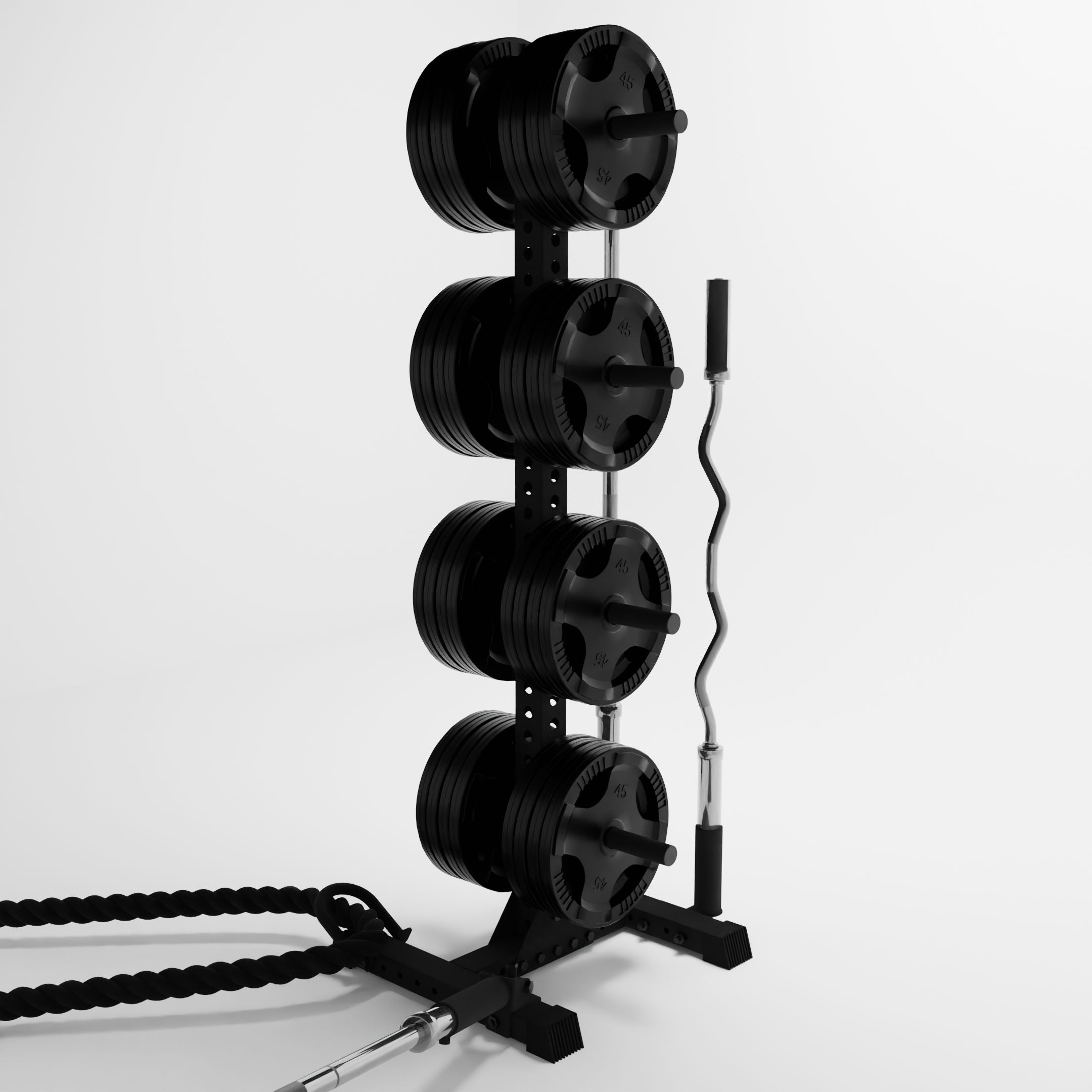black delta 4-tier vertical weight plate tree storing weight plates, barbells, and a battle rope using storage attachment accessories