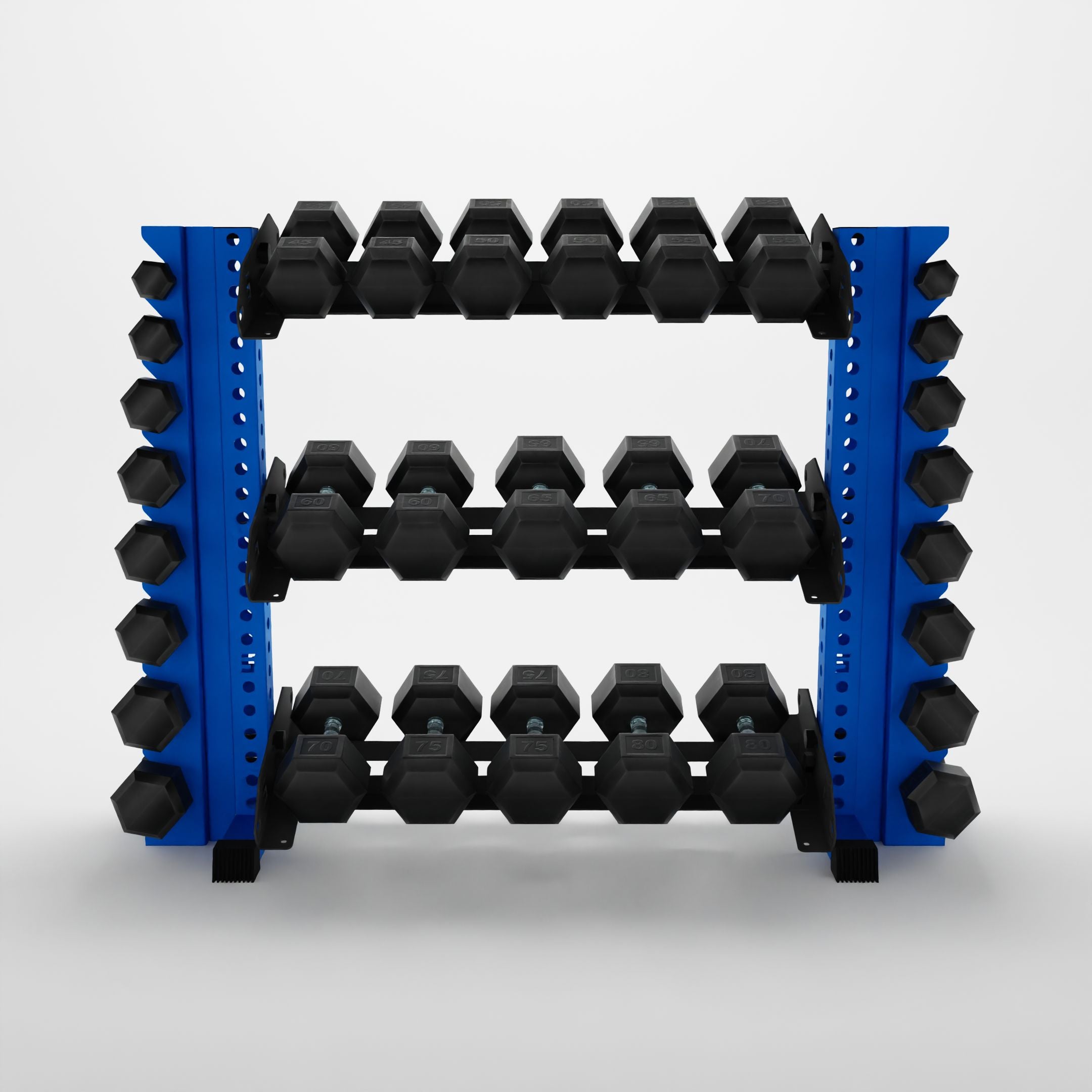 blue 43-inch alpha 3-tier horizontal dumbbell rack with vertical add-ons storing hex dumbbells