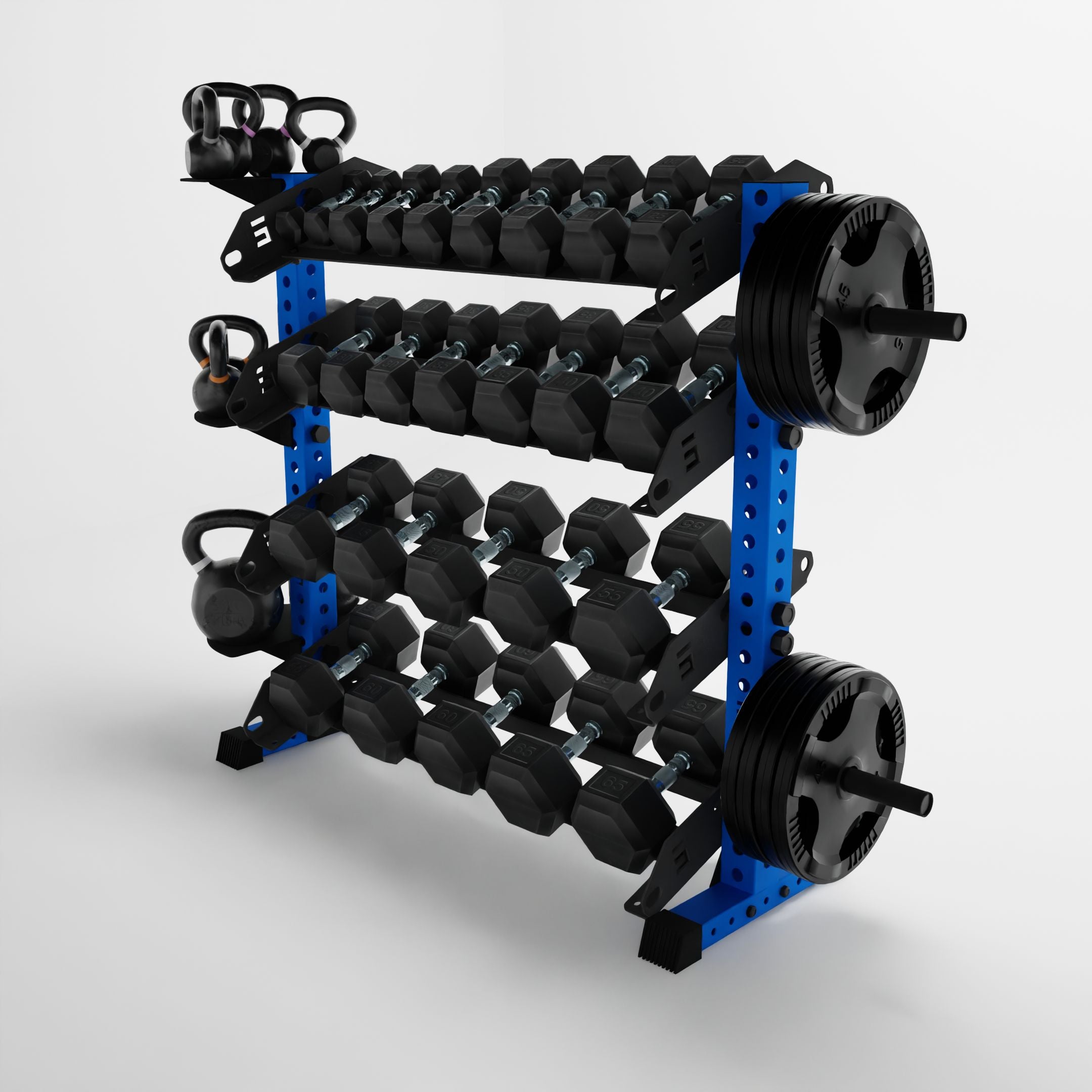 blue 43-inch alpha 4-tier horizontal dumbbell rack storing dumbbells, weight plates, and kettlebells using storage attachment accessories