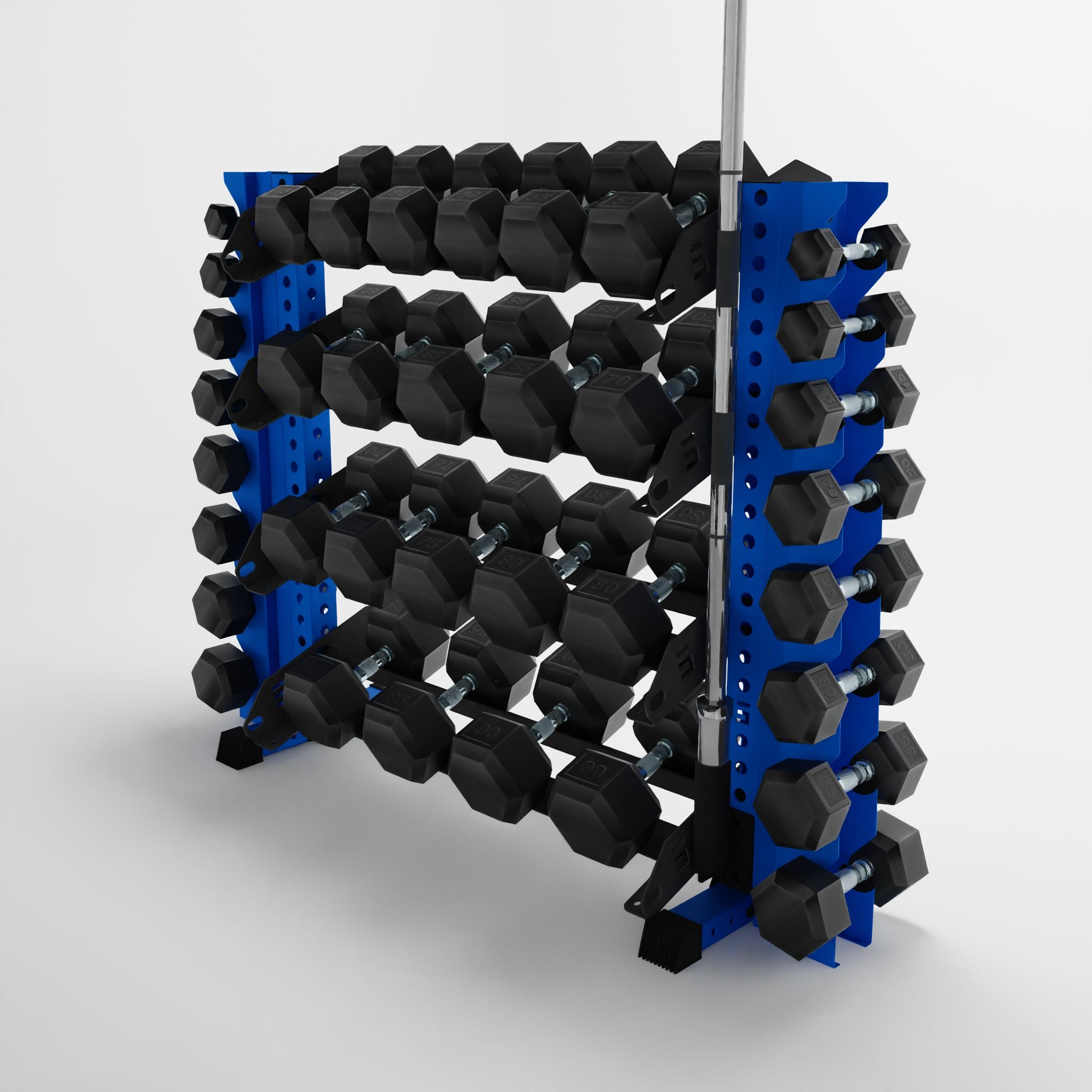 blue 43-inch alpha 4-tier horizontal dumbbell rack with vertical add-ons storing dumbbells and a barbell using a storage attachment accessory