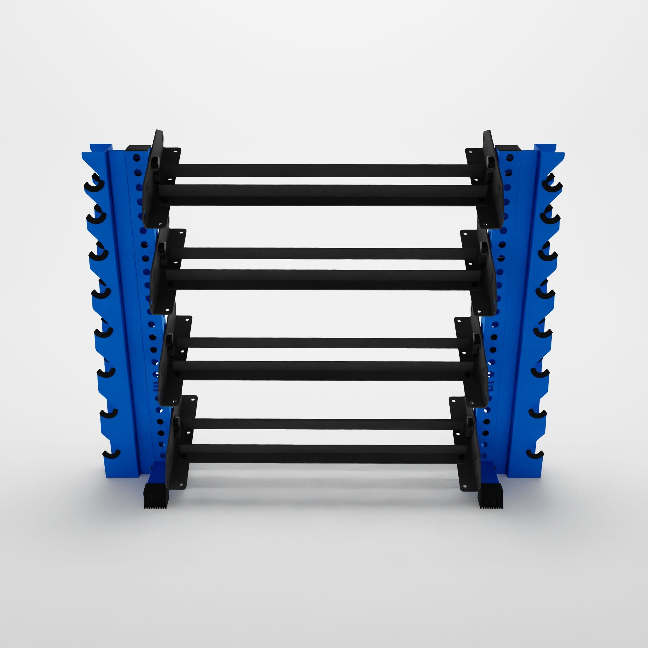 blue 43-inch alpha 4-tier horizontal dumbbell rack with vertical add-ons