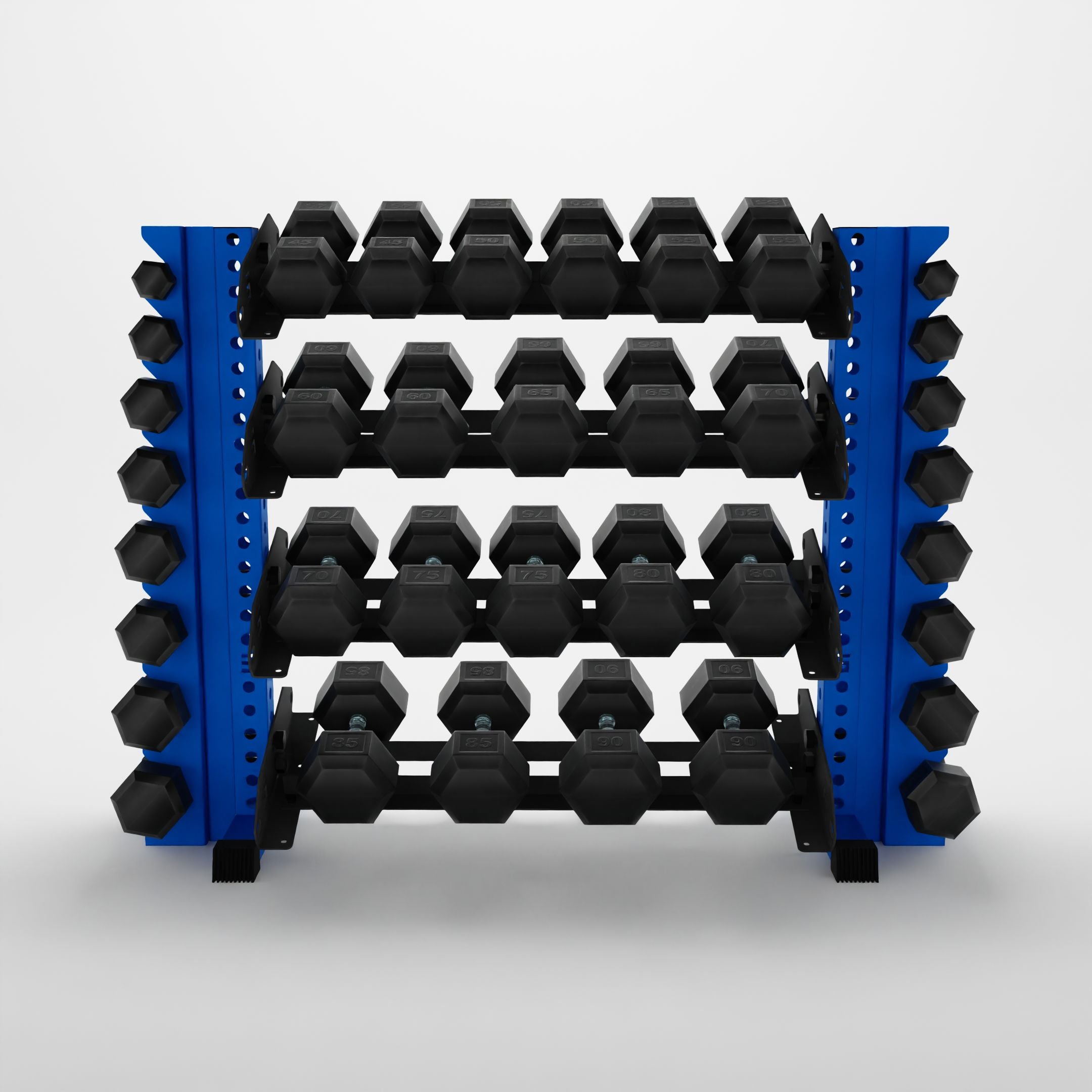 blue 43-inch alpha 4-tier horizontal dumbbell rack with vertical add-ons storing hex dumbbells