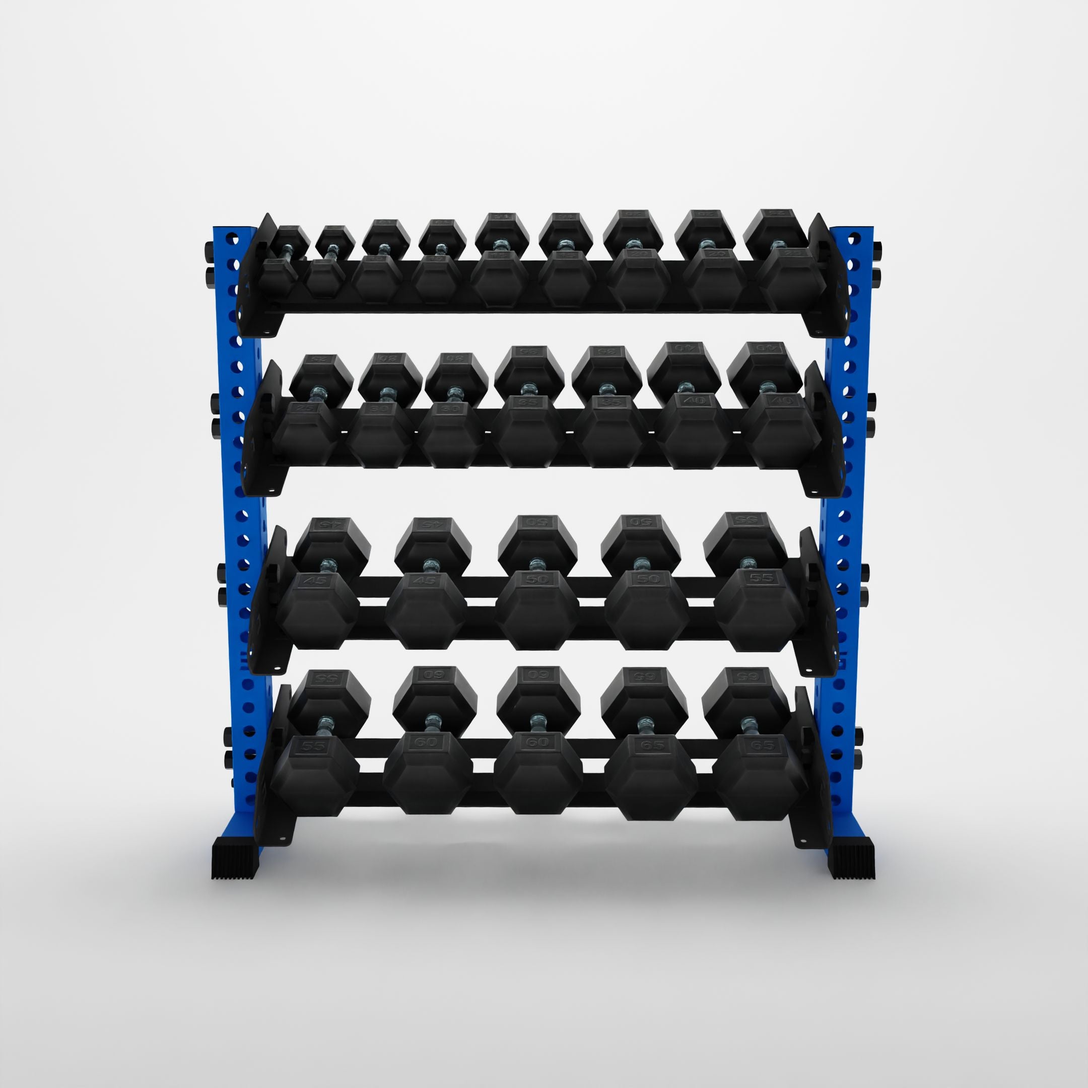 blue 43-inch alpha 4-tier horizontal dumbbell rack storing hex dumbbells