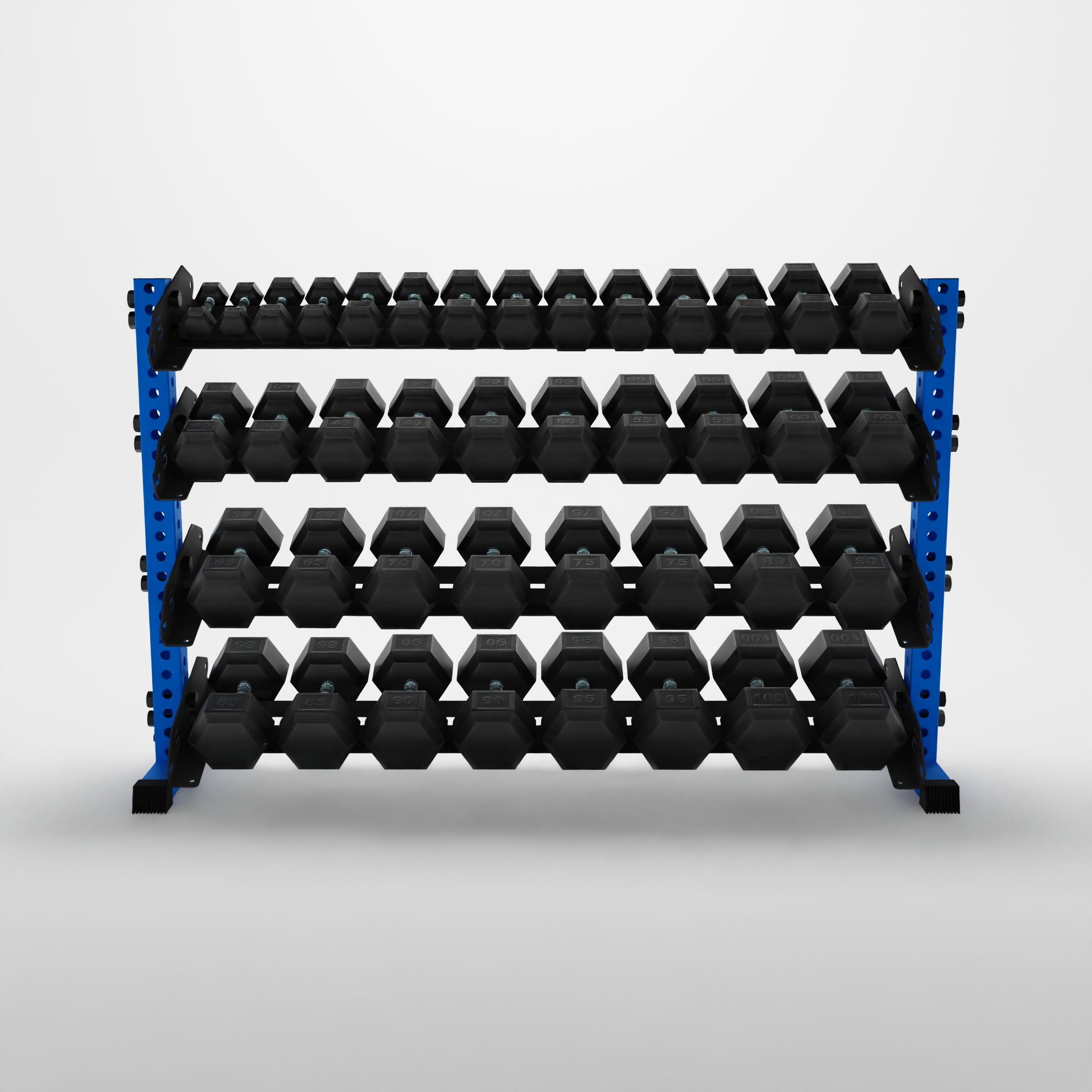 blue 70-inch alpha 4-tier horizontal dumbbell rack storing hex dumbbells