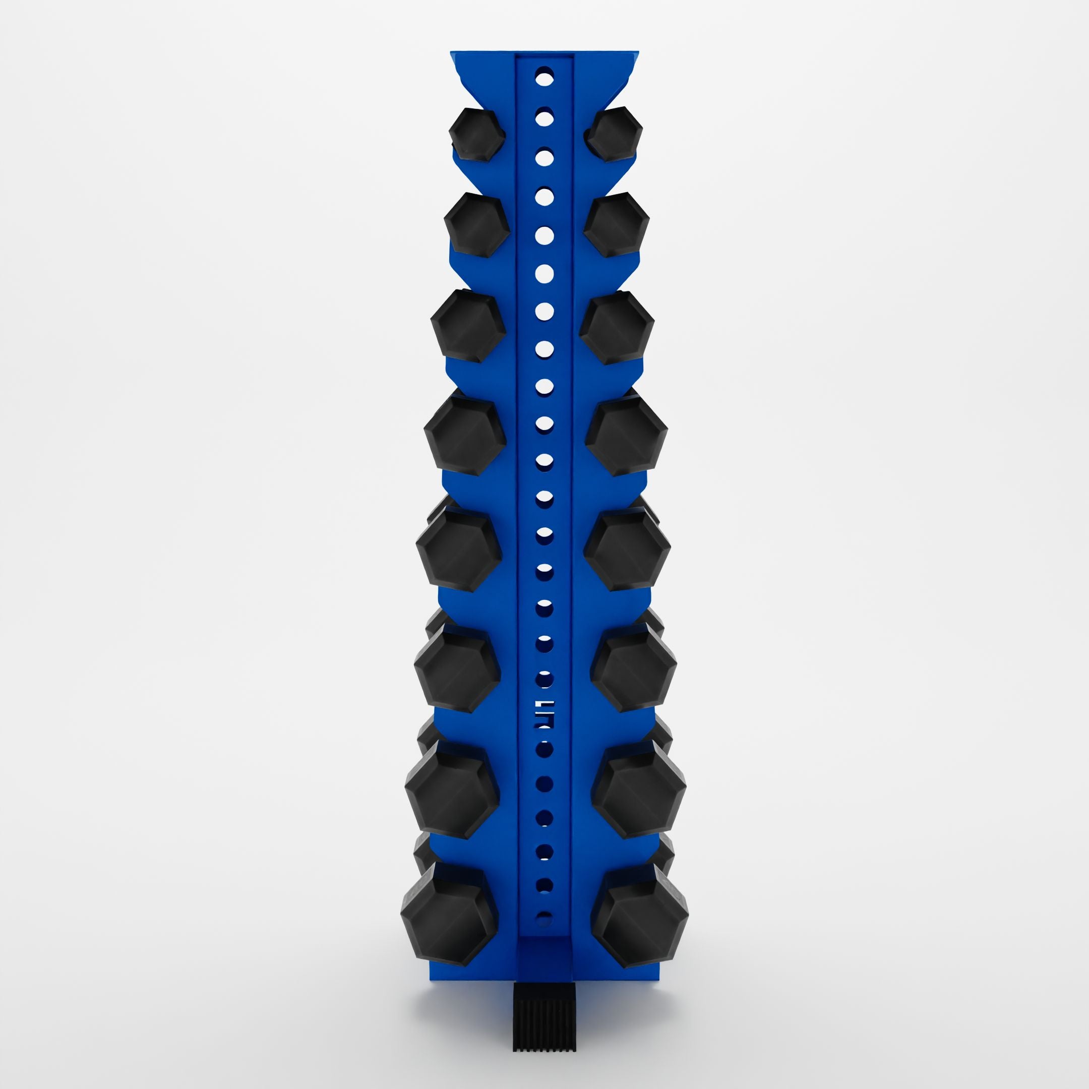 blue alpha 8-tier vertical dumbbell storage rack storing hex dumbbells