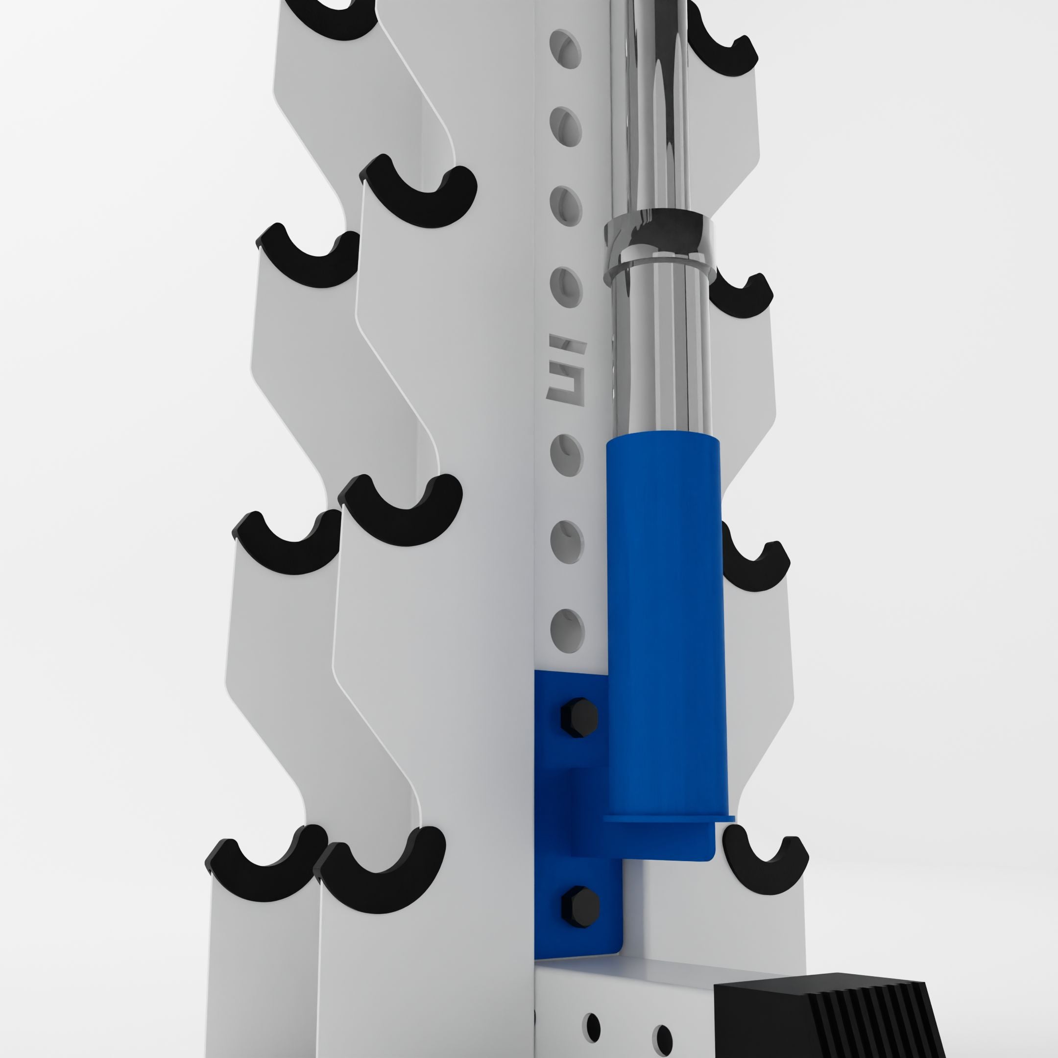 blue barbell holder attachment for a 3x3 upright holding a barbell