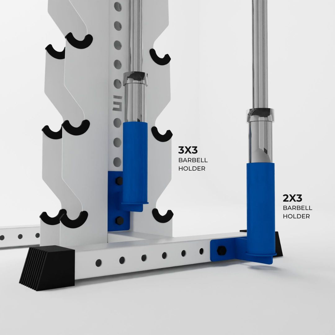 two blue barbell holder attachments holding barbells