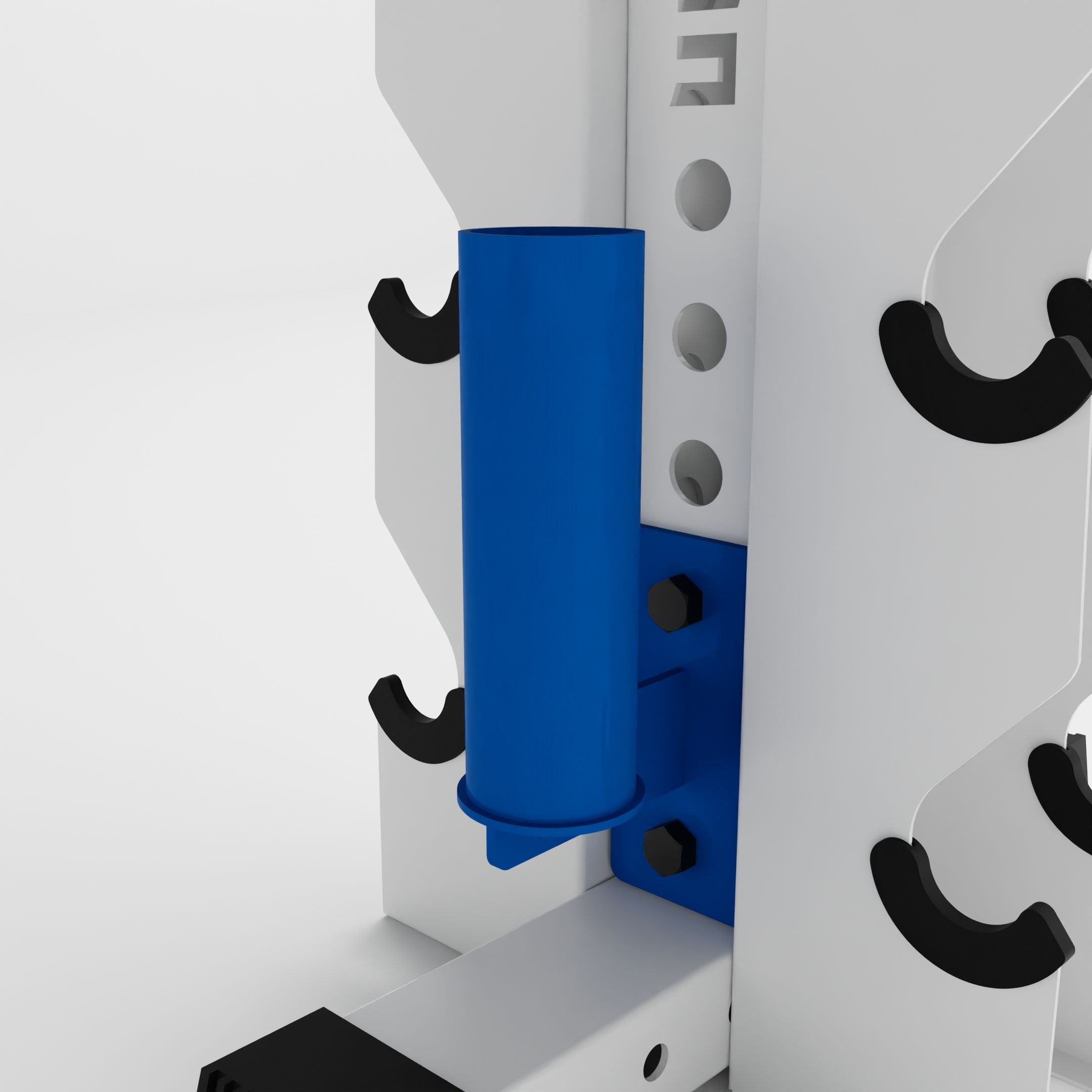 blue barbell holder attachment for a 3x3 upright attached to a vertical dumbbell rack