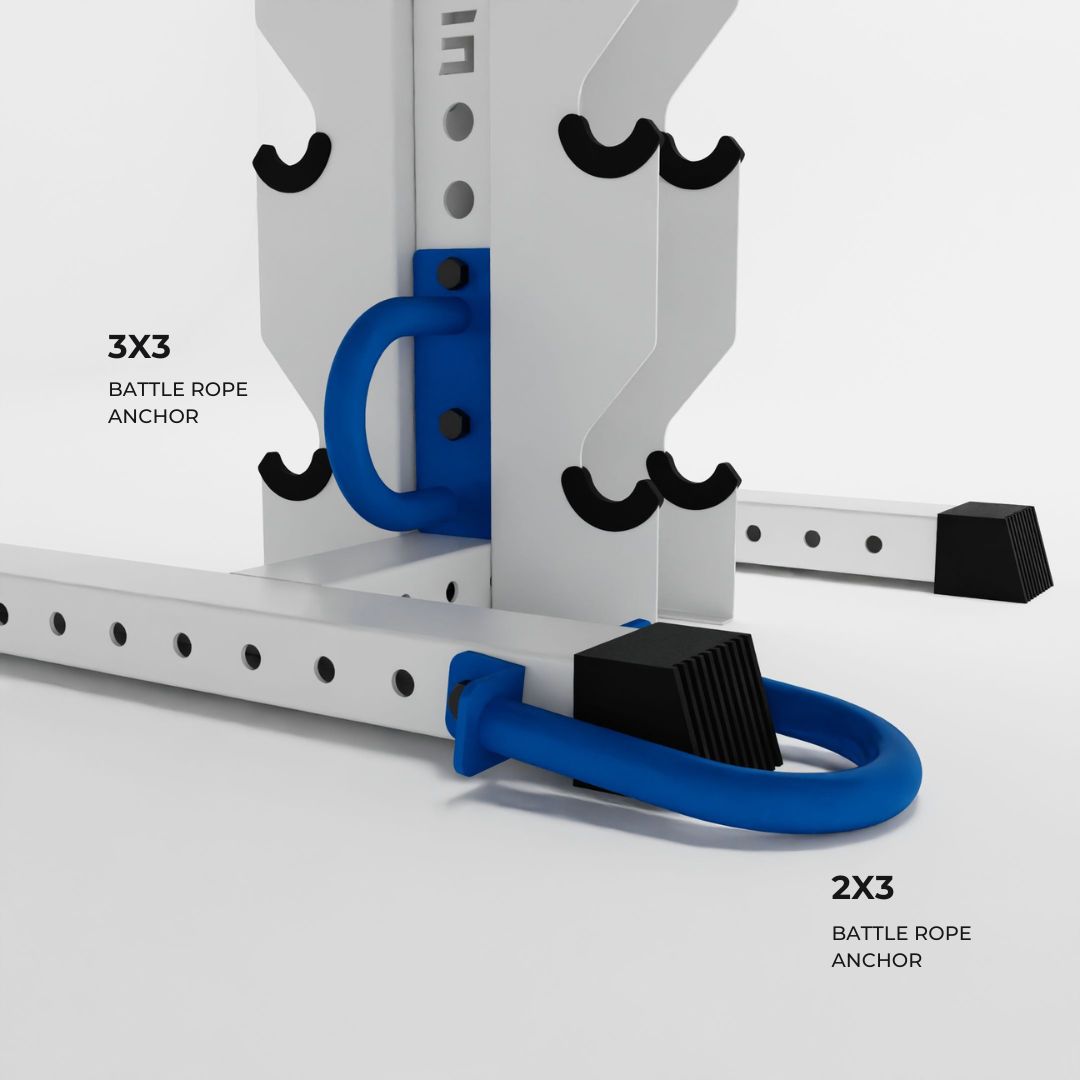blue battle rope anchors attached to a rack base