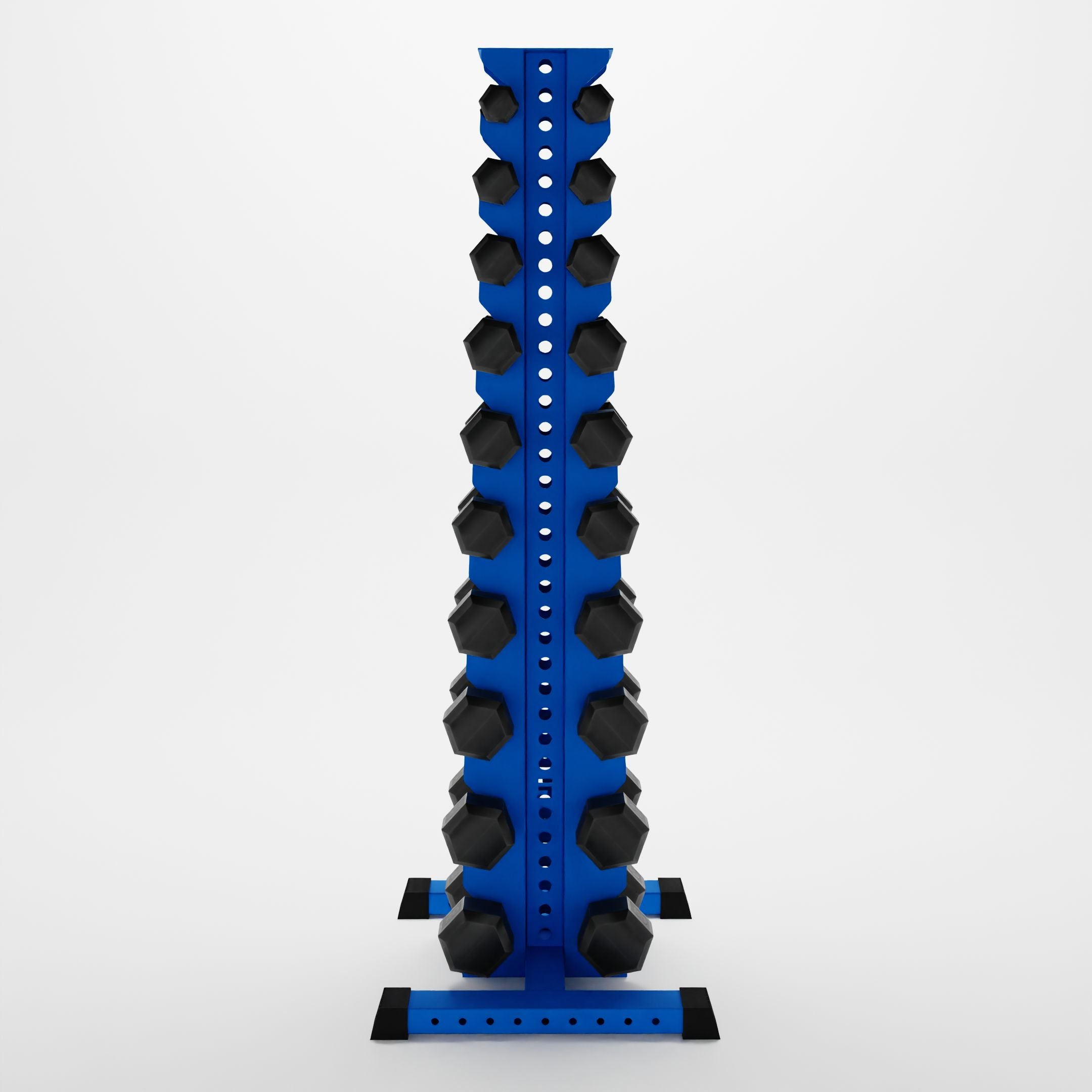 blue delta 10-tier vertical dumbbell storage rack storing hex dumbbells