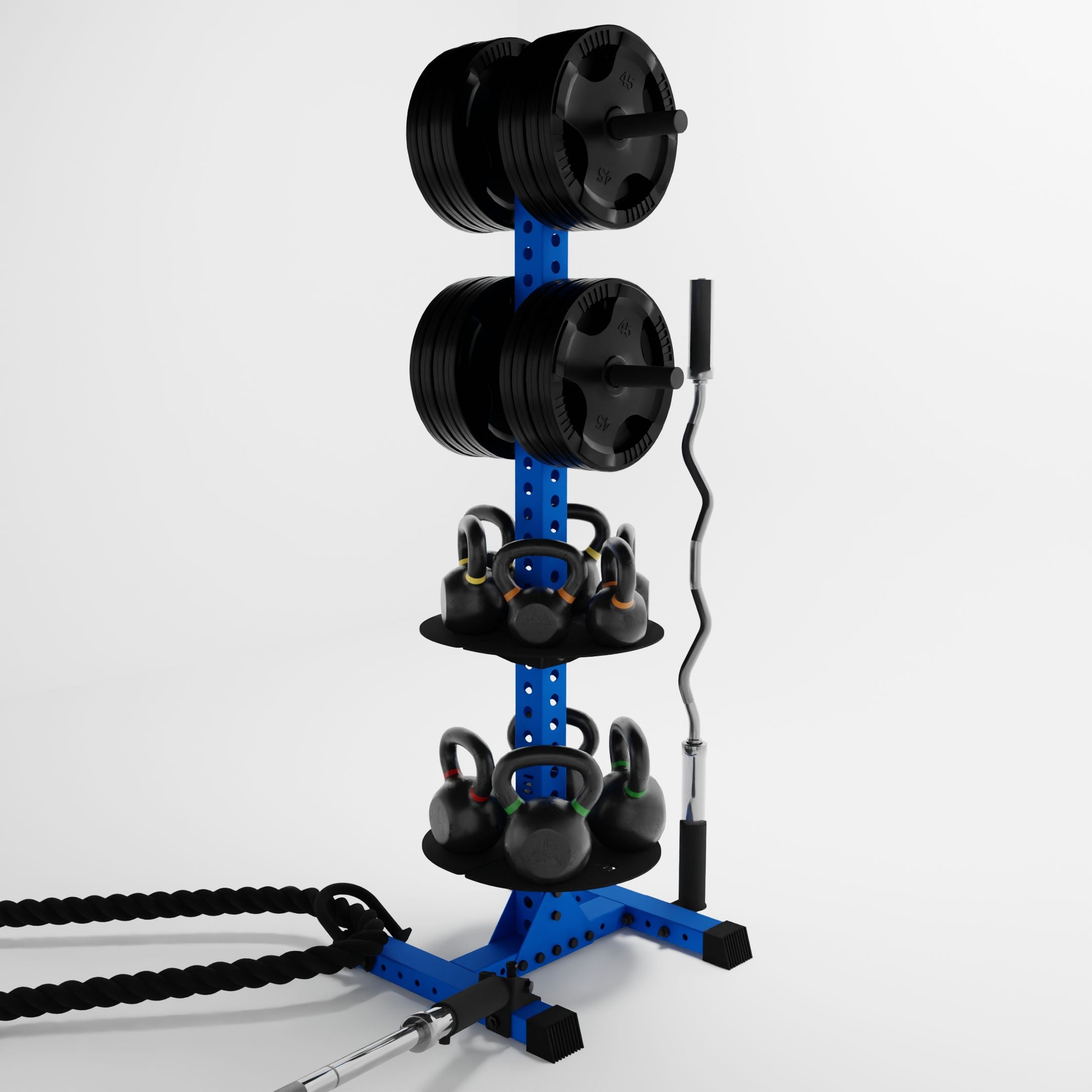 blue delta pk vertical hybrid weight plate and kettlebell storage rack storing weight plates, kettlebells, barbells, and a battle rope using storage attachment accessories