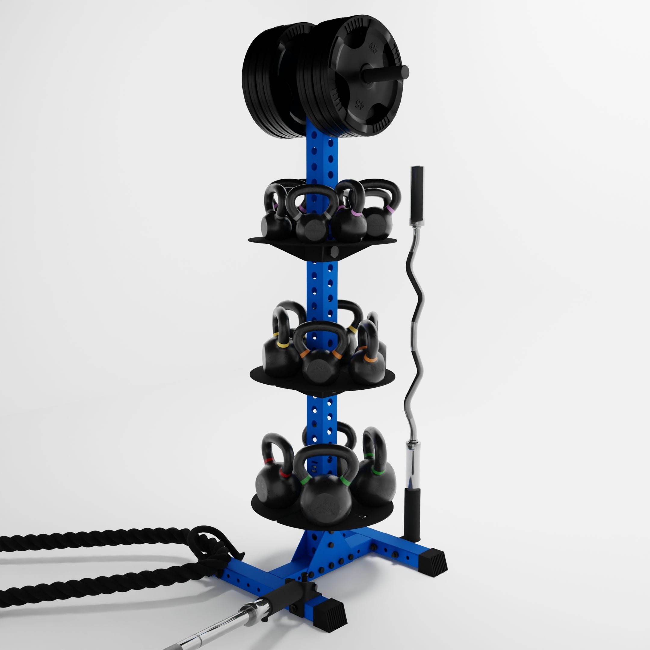 blue delta pk vertical hybrid weight plate and kettlebell storage rack storing weight plates, kettlebells, barbells, and a battle rope using storage attachment accessories