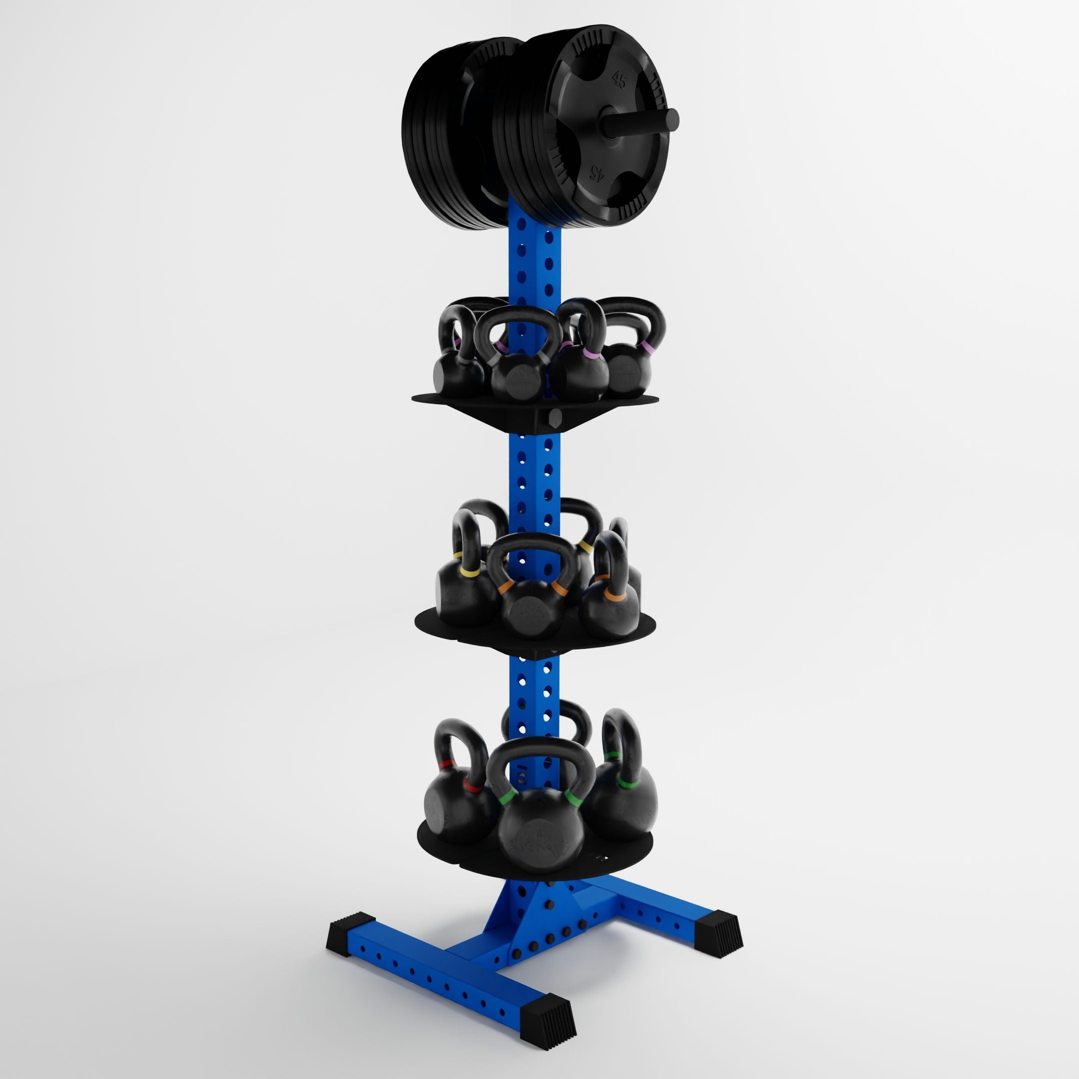 blue delta pk vertical hybrid weight plate and kettlebell storage rack storing weight plates and kettlebells side view