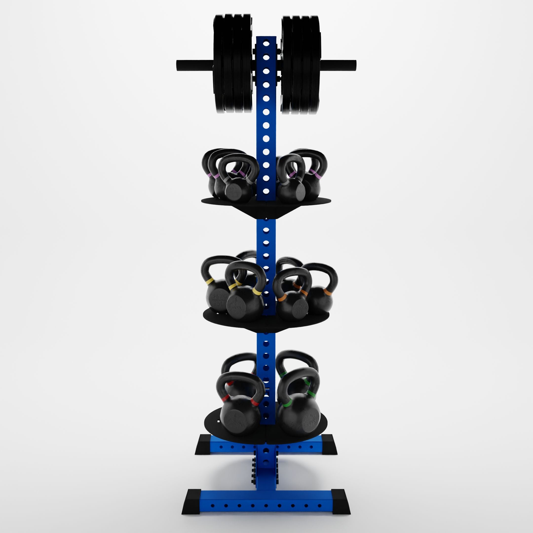 blue delta pk vertical hybrid weight plate and kettlebell storage rack storing weight plates and kettlebells