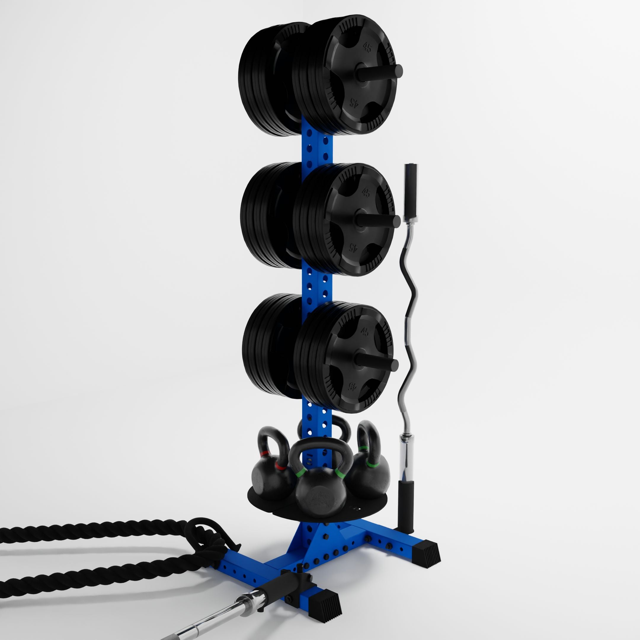 blue delta pk vertical hybrid weight plate and kettlebell storage rack storing weight plates, kettlebells, barbells, and a battle rope using storage attachment accessories
