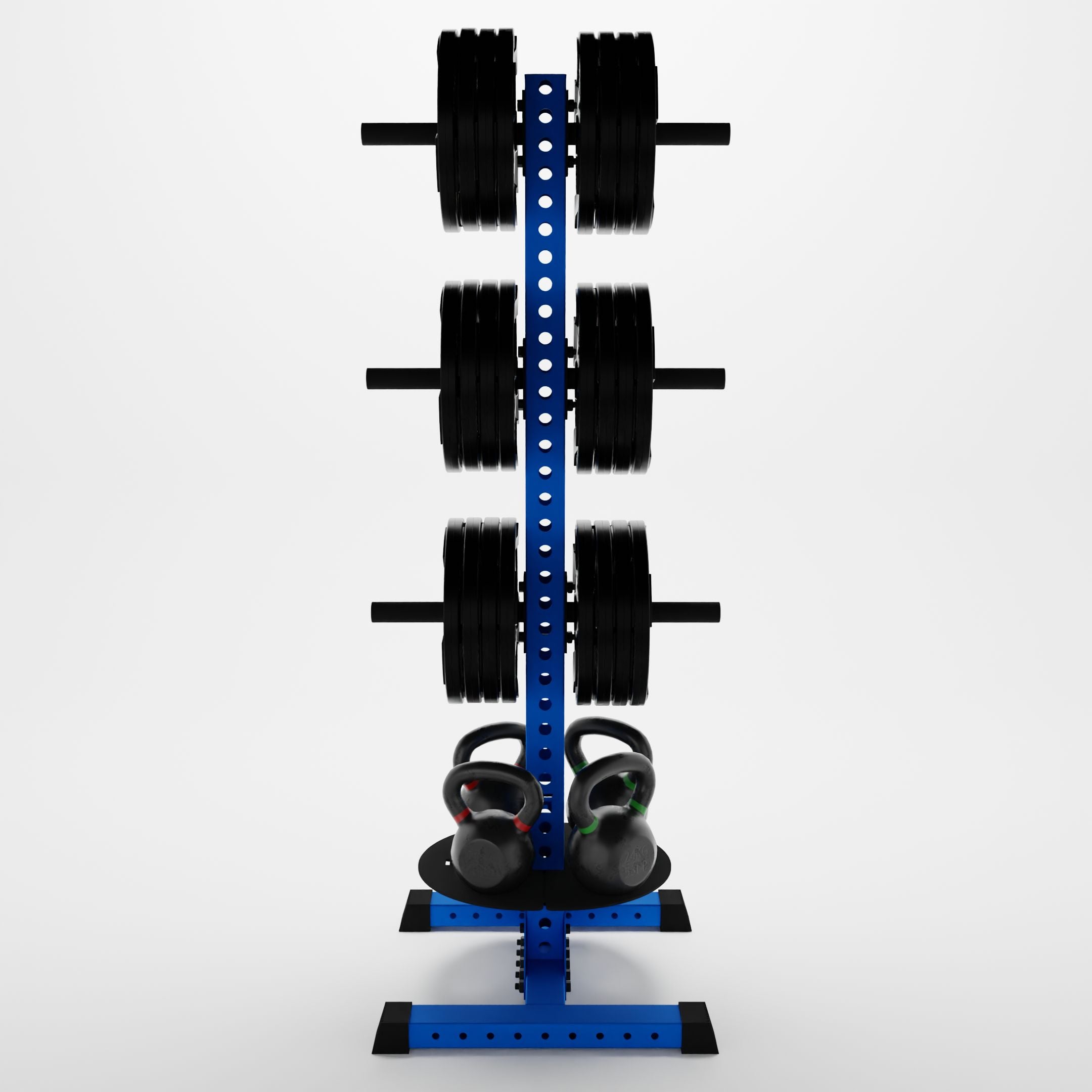 blue delta pk vertical hybrid weight plate and kettlebell storage rack storing weight plates and kettlebells