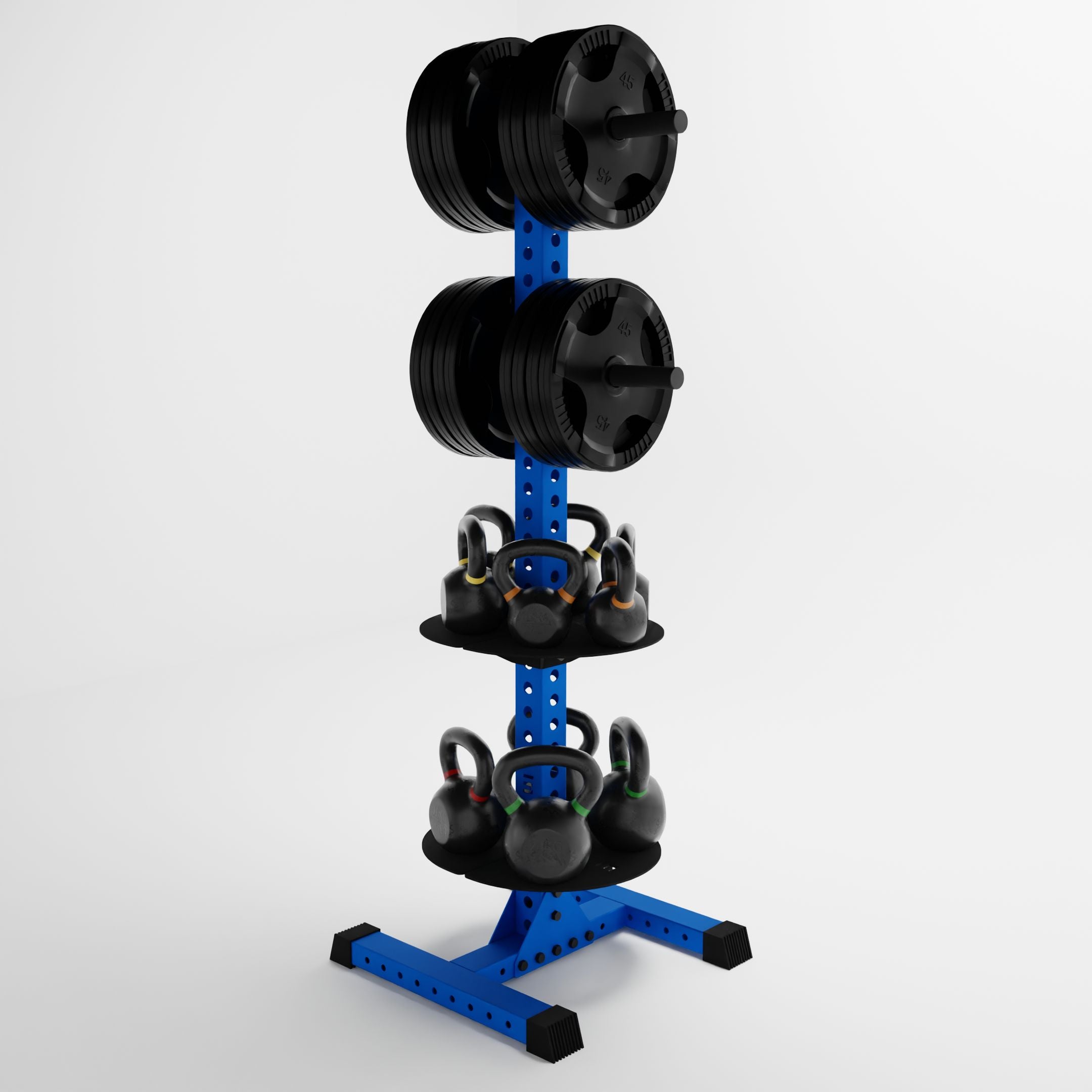 blue delta pk vertical hybrid weight plate and kettlebell storage rack storing weight plates and kettlebells side view