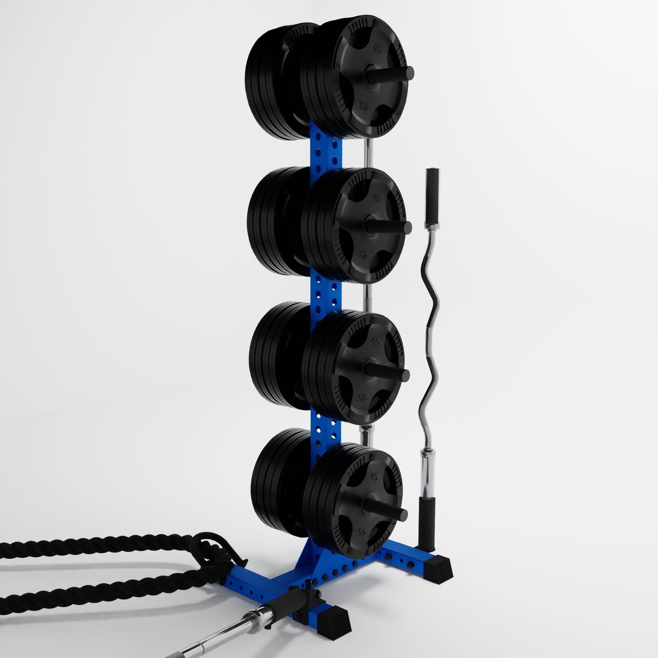 blue delta 4-tier vertical weight plate tree storing weight plates, barbells, and a battle rope using storage attachment accessories
