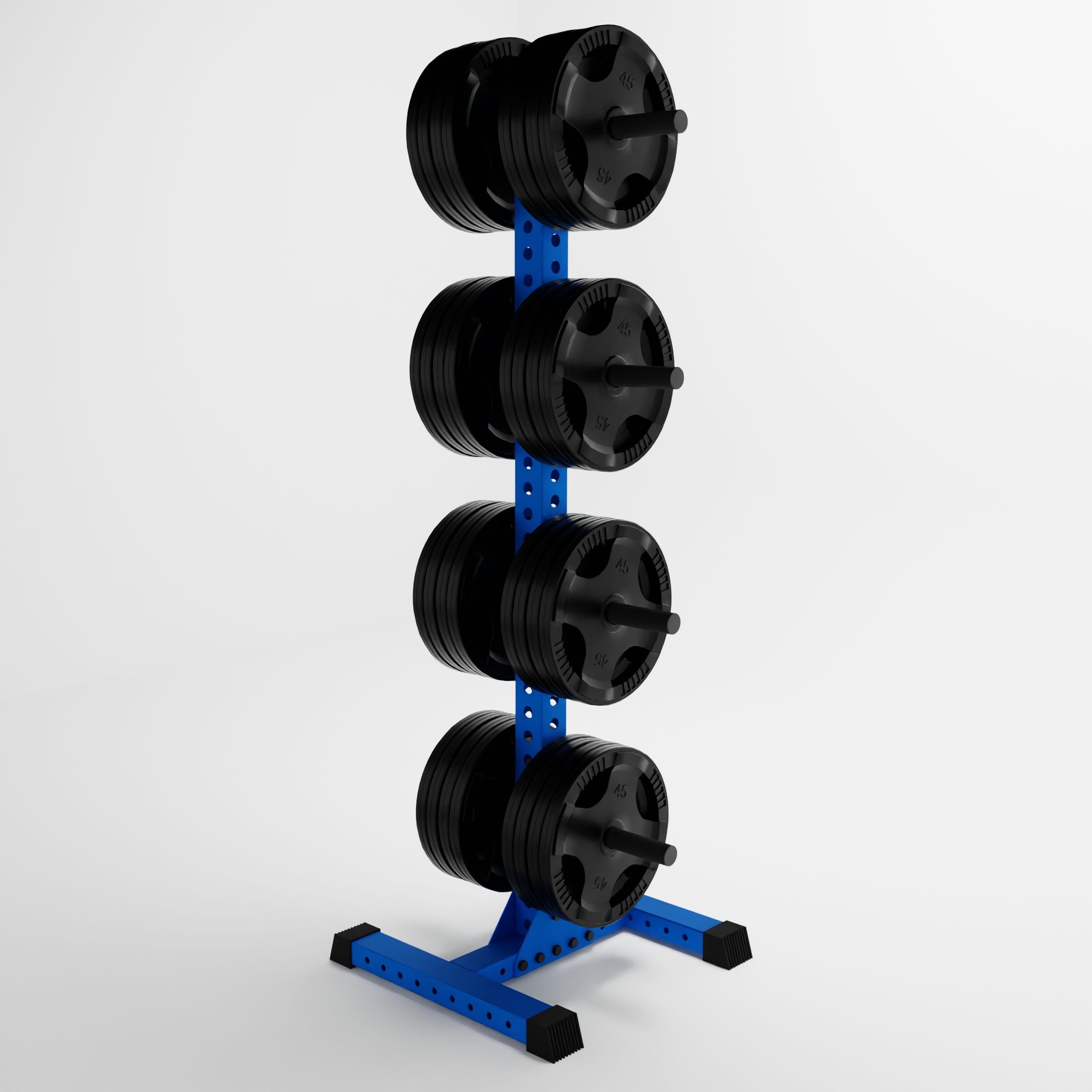 blue delta 4-tier vertical weight plate tree storing weight plates side view