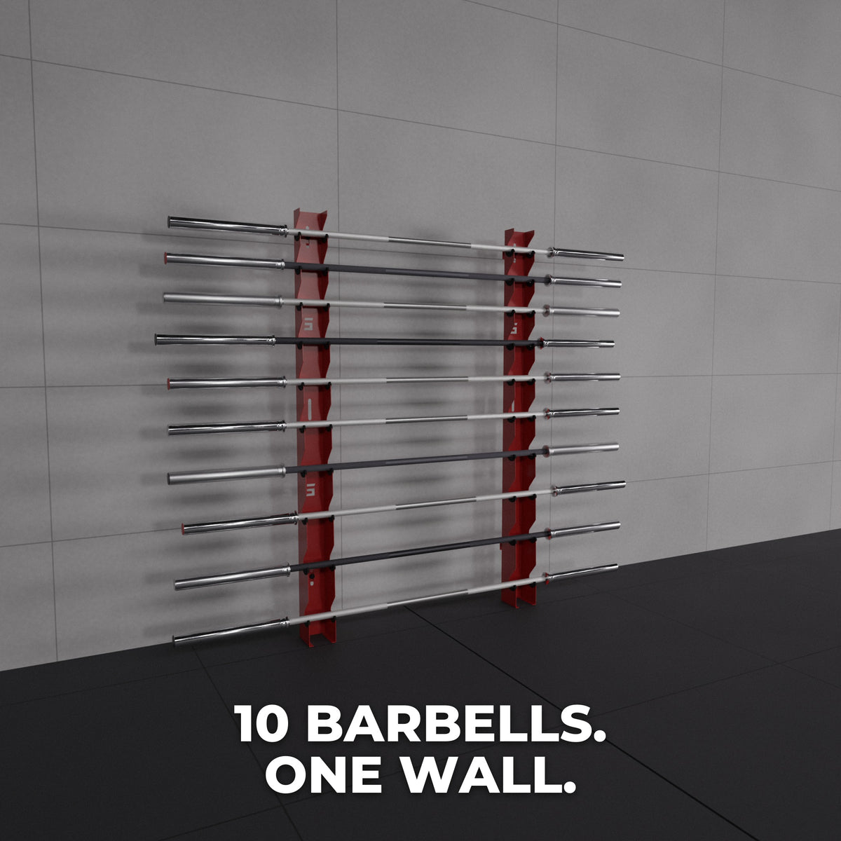Two Delta 10-tier wall mounts holding 10 barbells on one wall