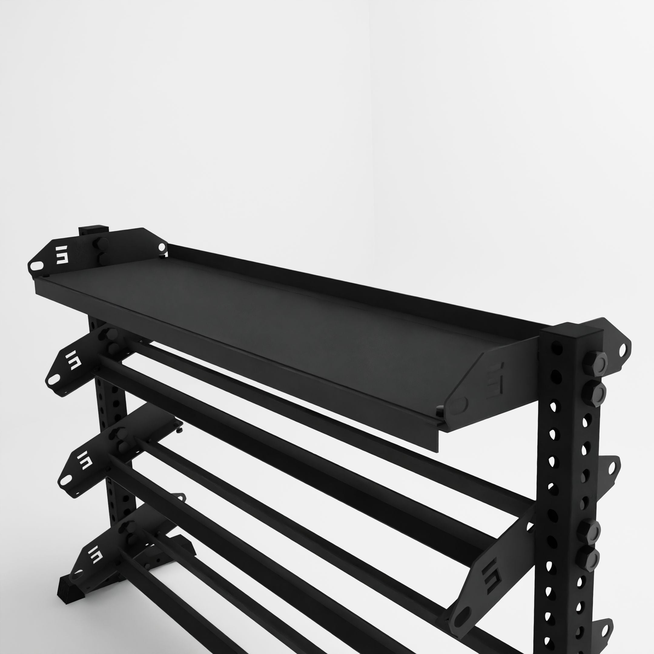 horizontal dumbbell rack with a flat shelf as the top tier side view