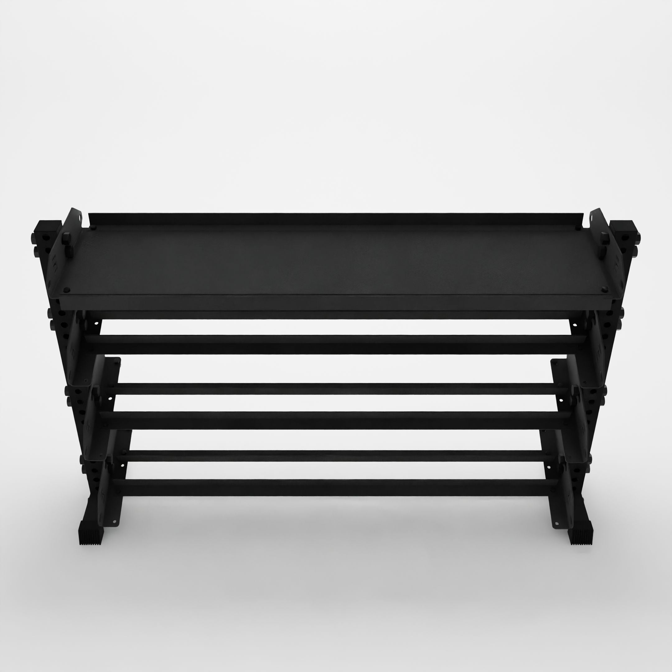 horizontal dumbbell rack with a flat shelf as the top tier top view