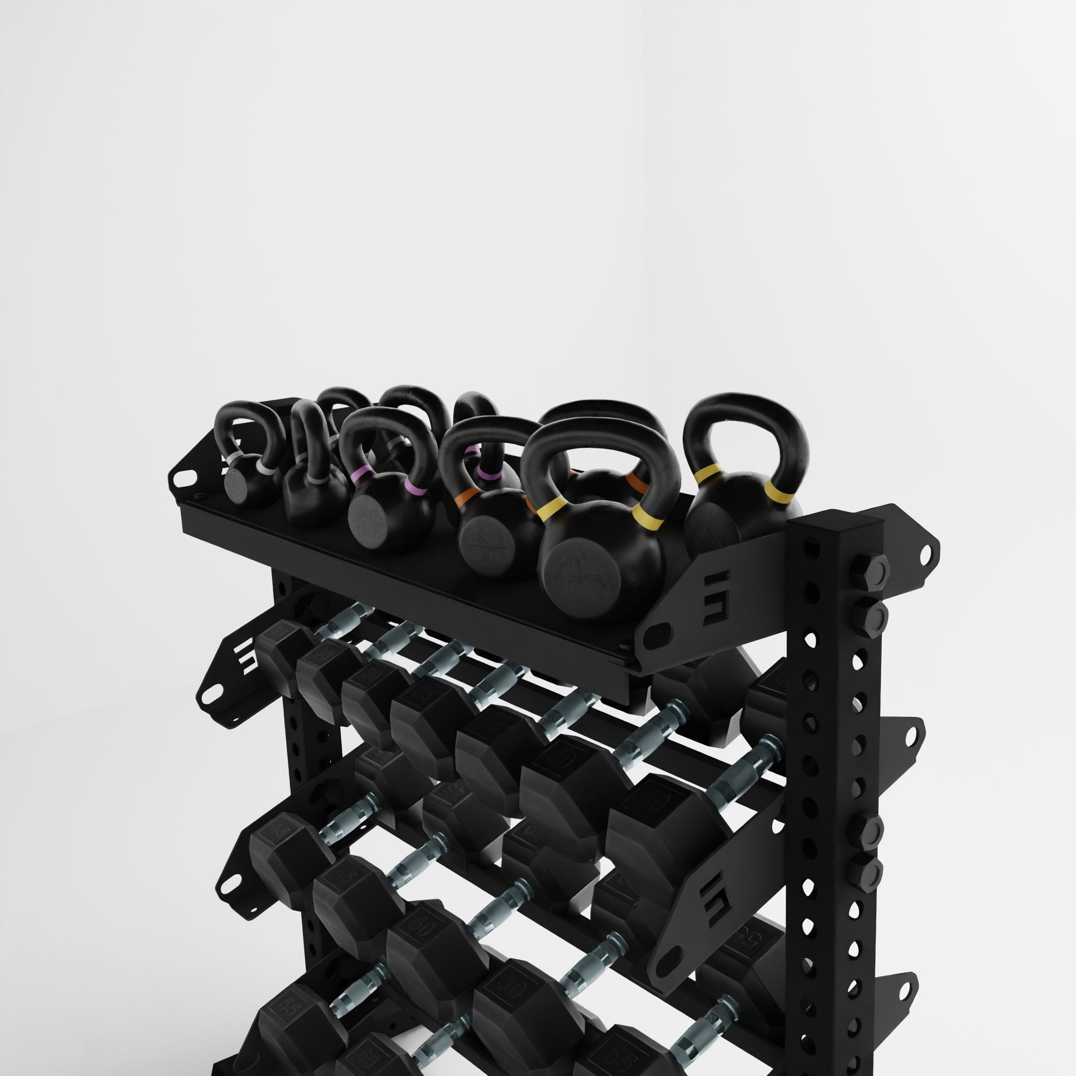 horizontal dumbbell rack loaded with dumbbells with the top tier loaded with kettlebells using a flat shelf