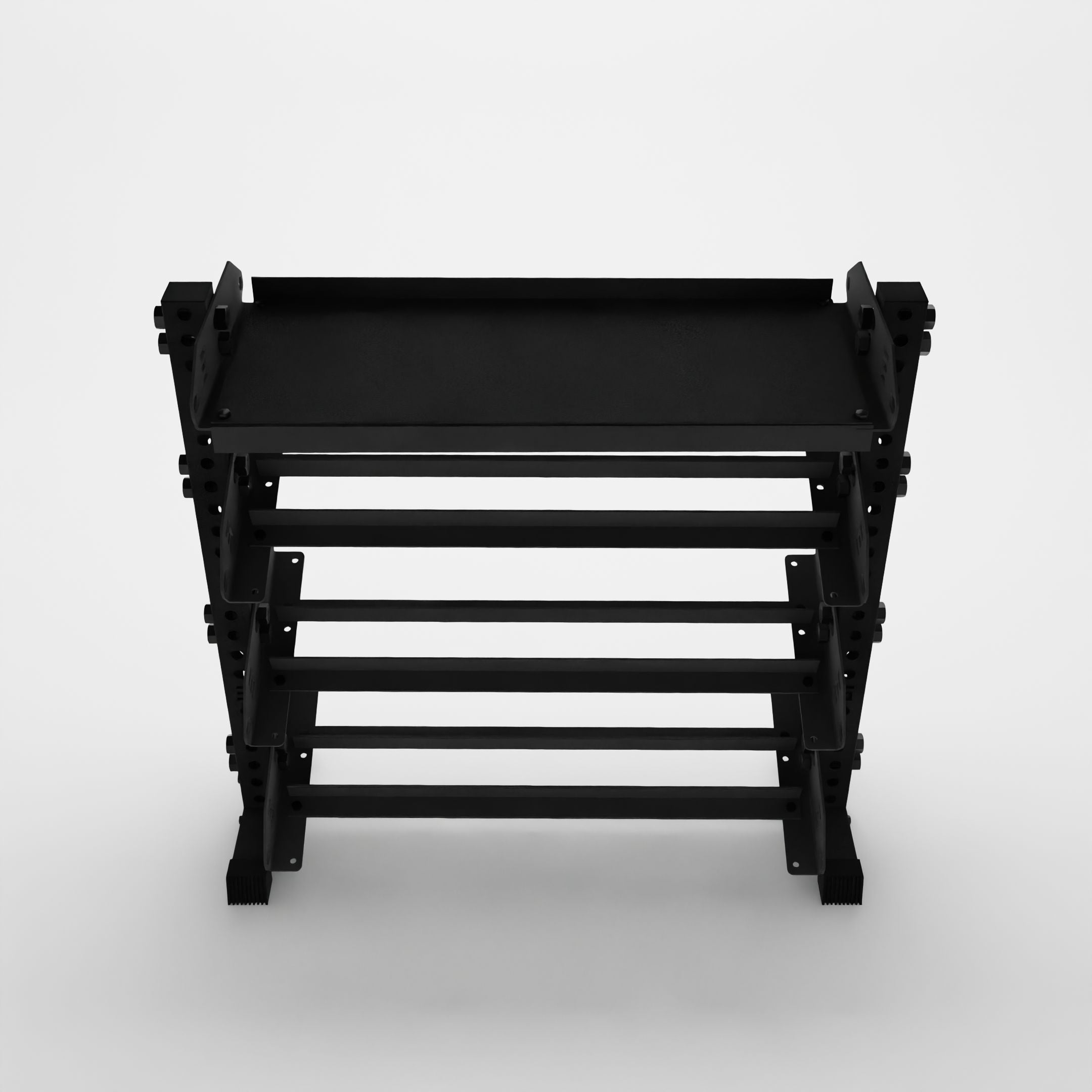 horizontal dumbbell rack with a flat shelf as the top tier top view