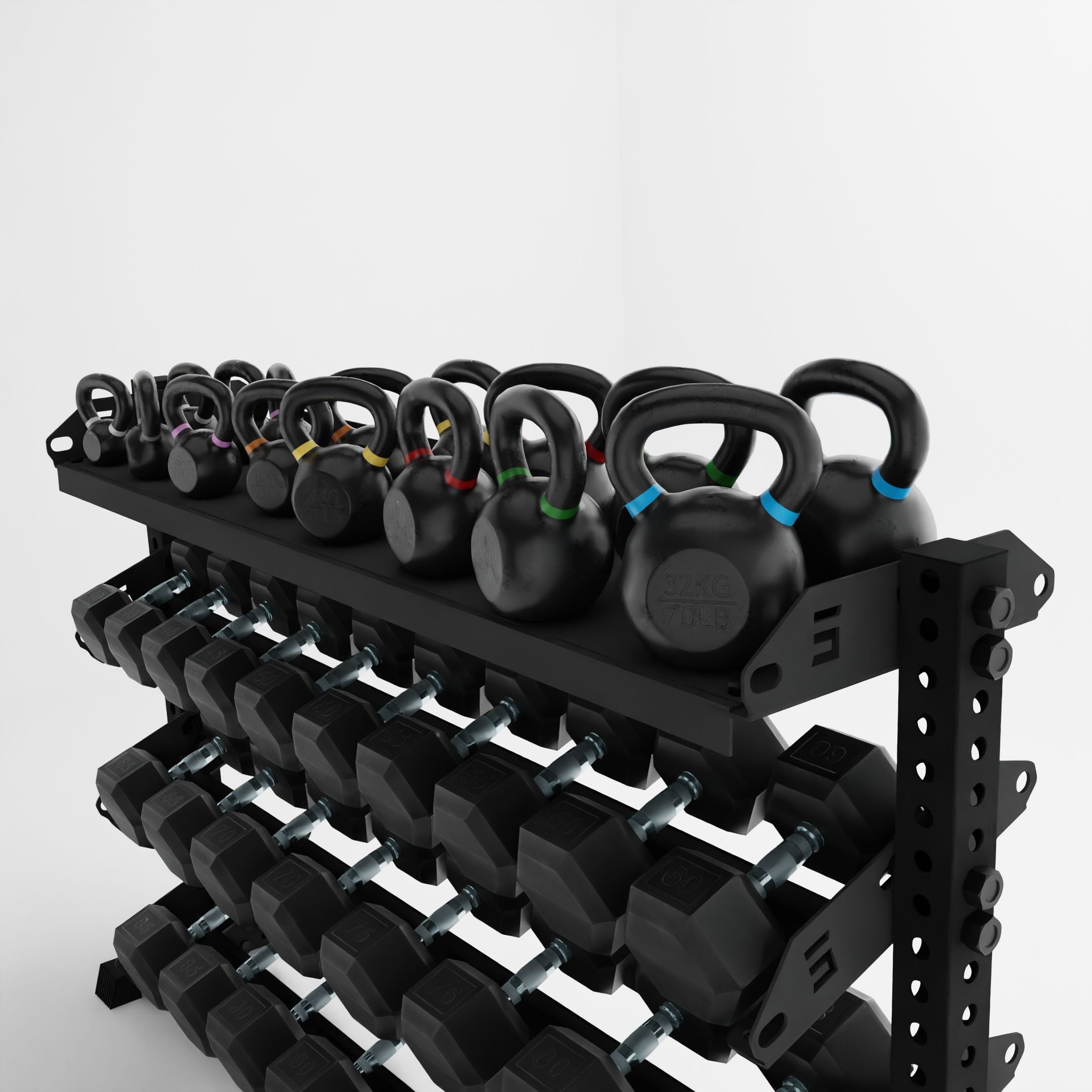 horizontal dumbbell rack loaded with dumbbells with the top tier loaded with kettlebells using a flat shelf