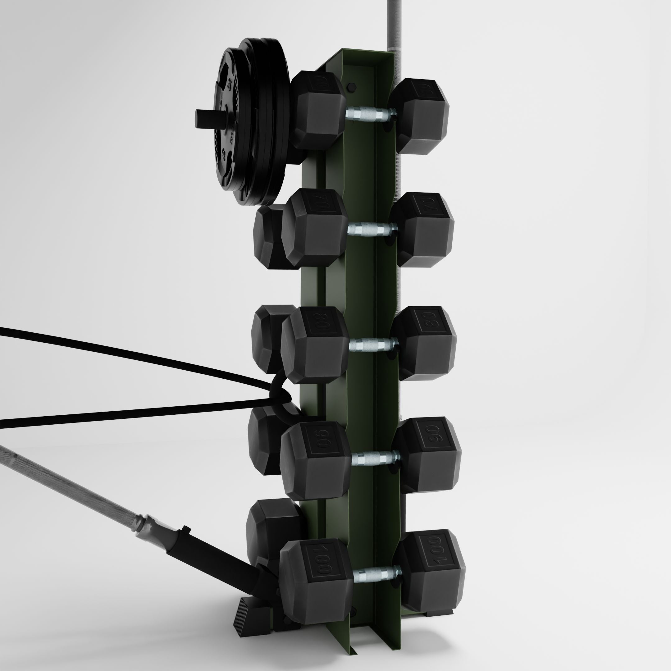 green alpha elite vertical dumbbell storage rack with accessories holding dumbbells, weight plates, barbells, and a resistance band